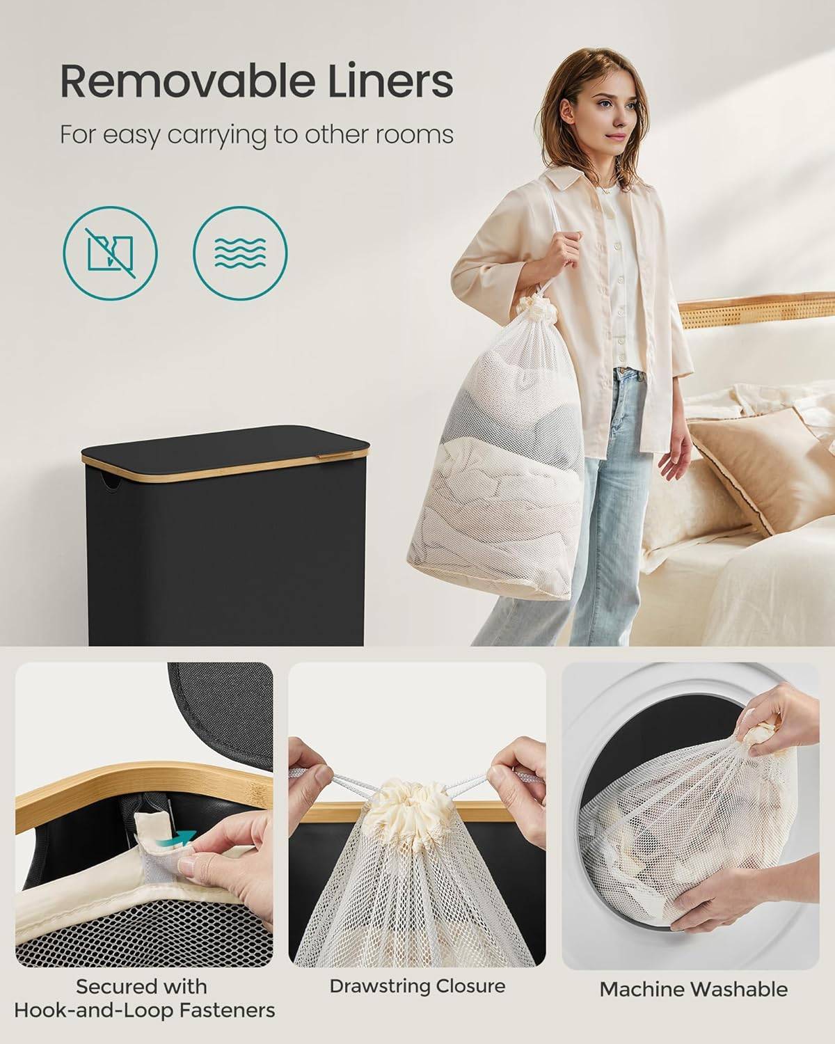 SONGMICS 2-Section Laundry Hamper, Removable Mesh Liners - photo 2