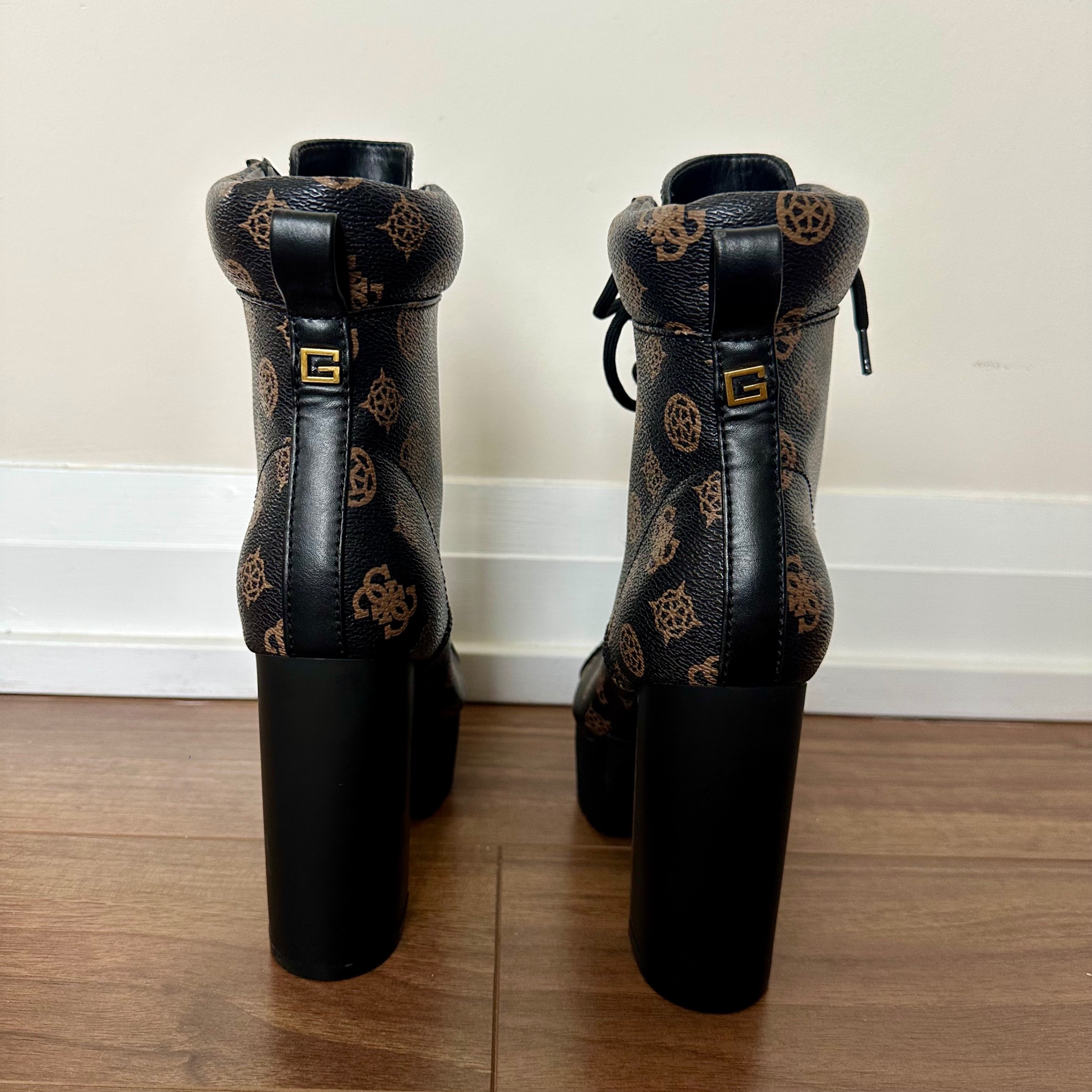 Guess "Geovey" Logo Print Lace Up High Heel Sole Booties - photo 4