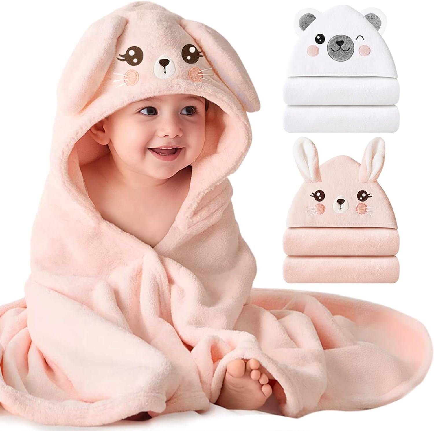 New~Hooded Baby Towels,32×32, Soft & Abs Plush Fleece, Gn(2 PK)