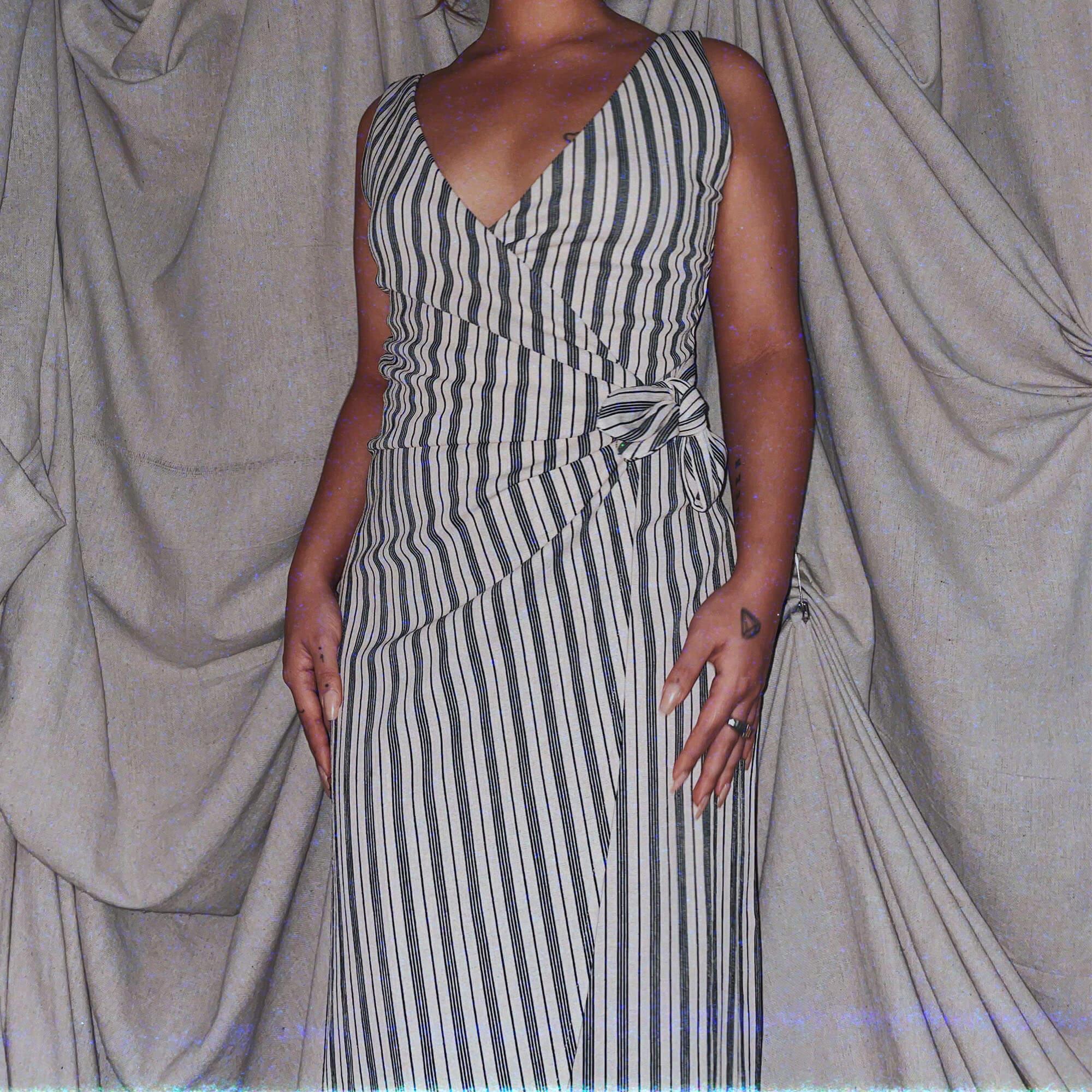 white black stripe wrap midi dress