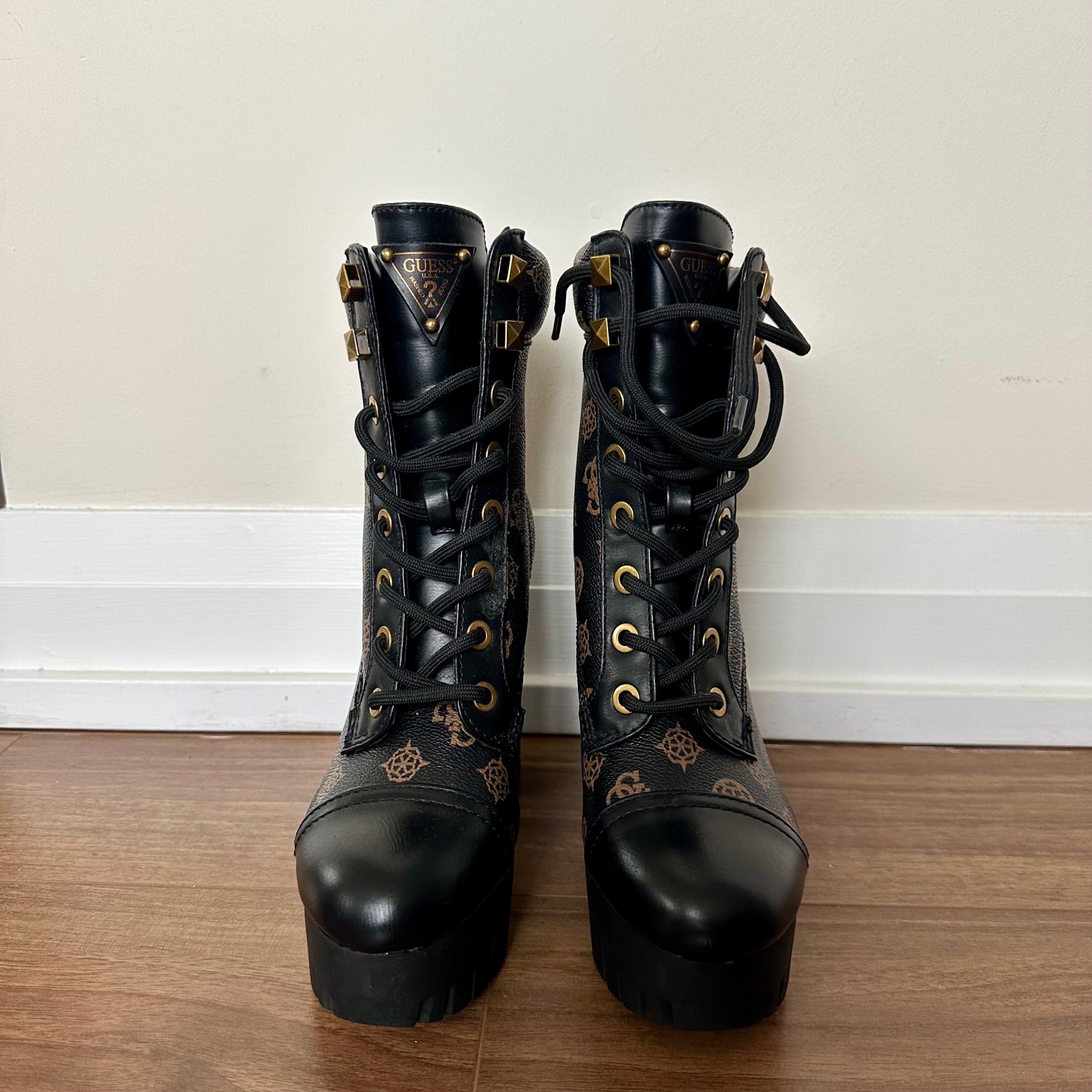 Guess "Geovey" Logo Print Lace Up High Heel Sole Booties - photo 2