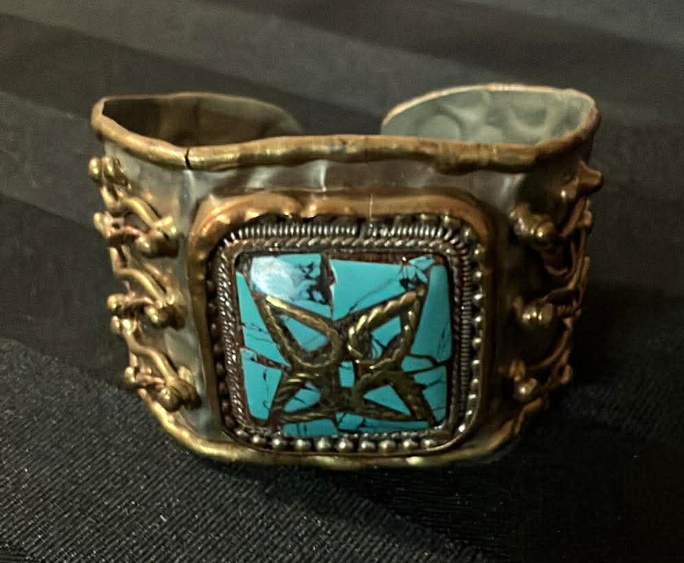 Vintage Open Bangle Bracelet Brass Tone With Blue Accent