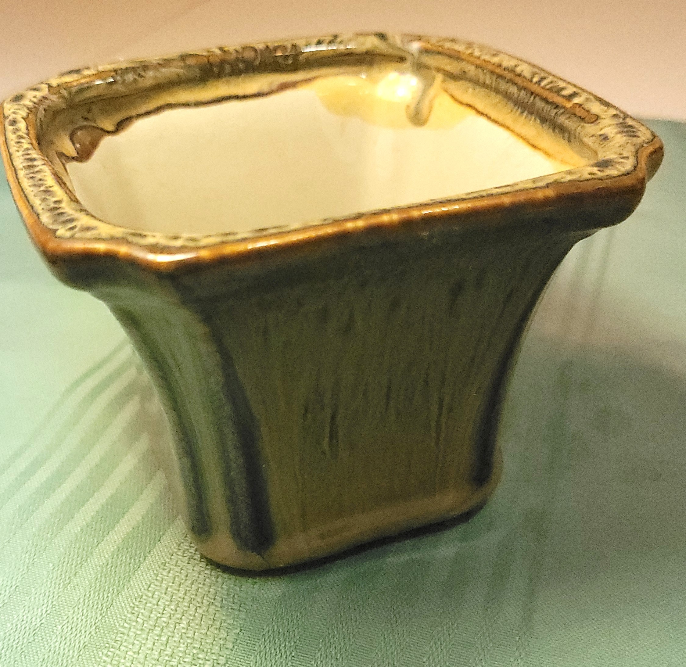1960s Vtg Canadian Pottery Drip Glaze Planter -Green Brown - photo 3