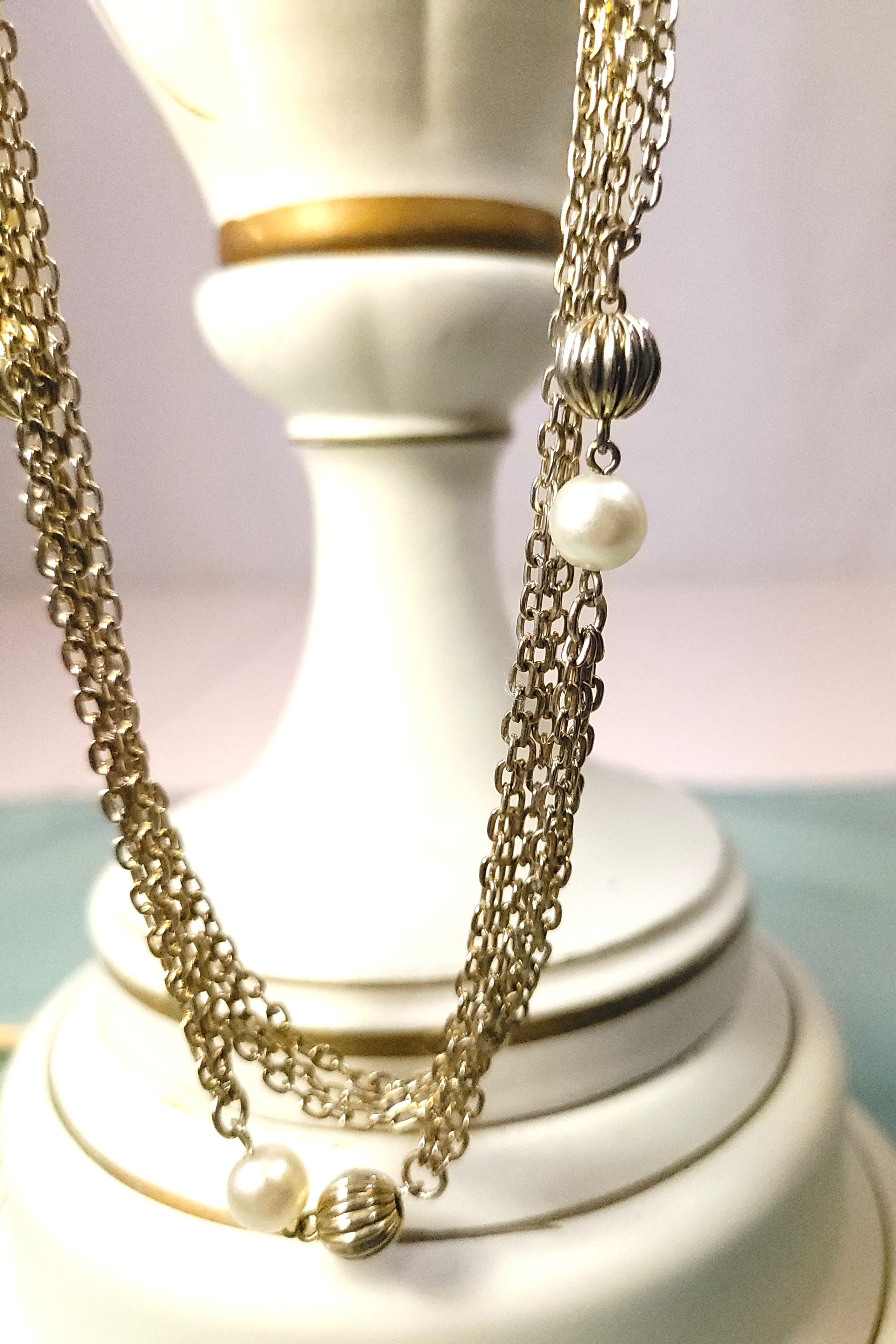 1960s- 52" Three-Strand Gold Tone Station Necklace Faux Pearl - photo 2