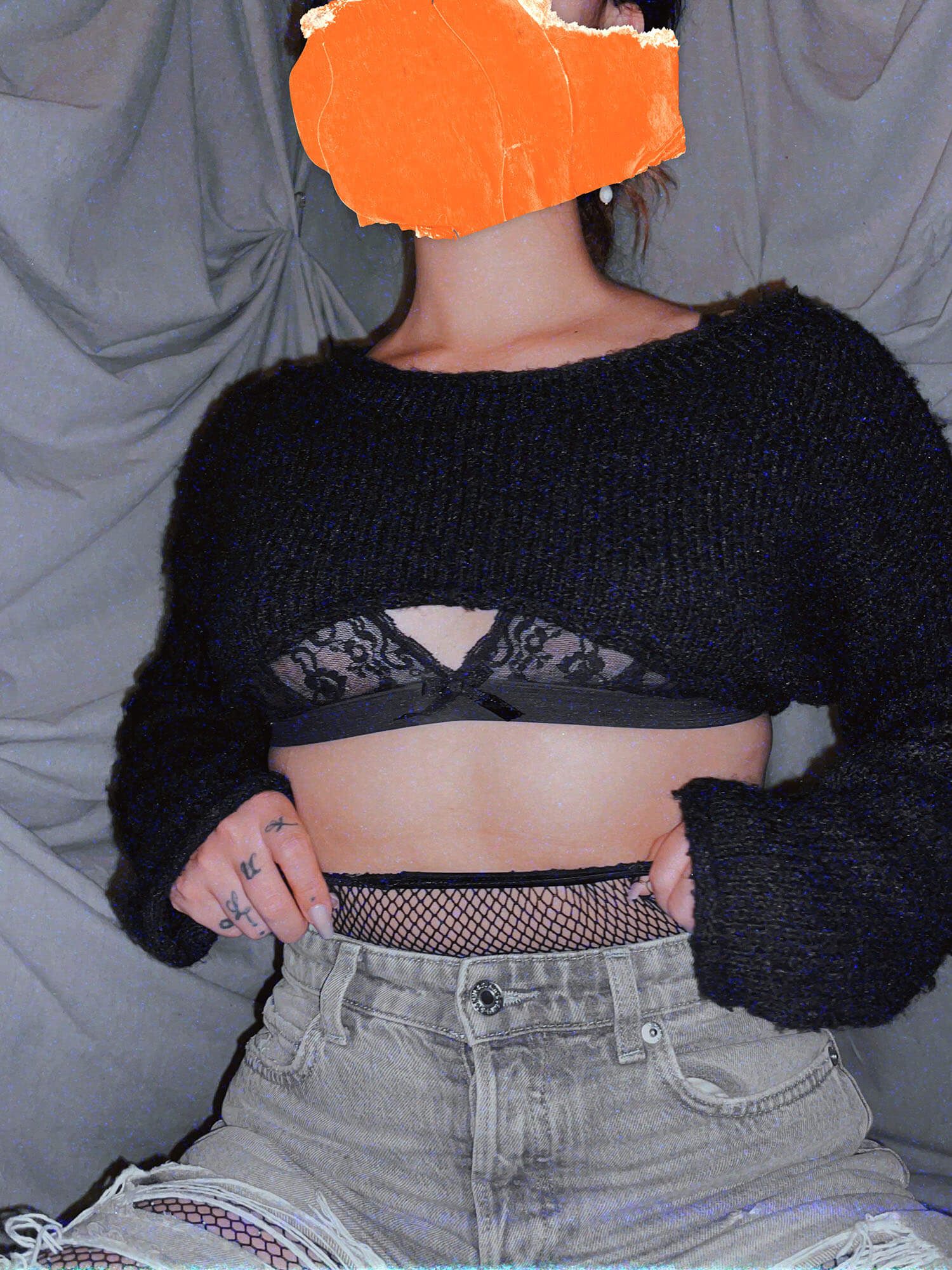 Black micro crop top sweater + lace bralette set - photo 2