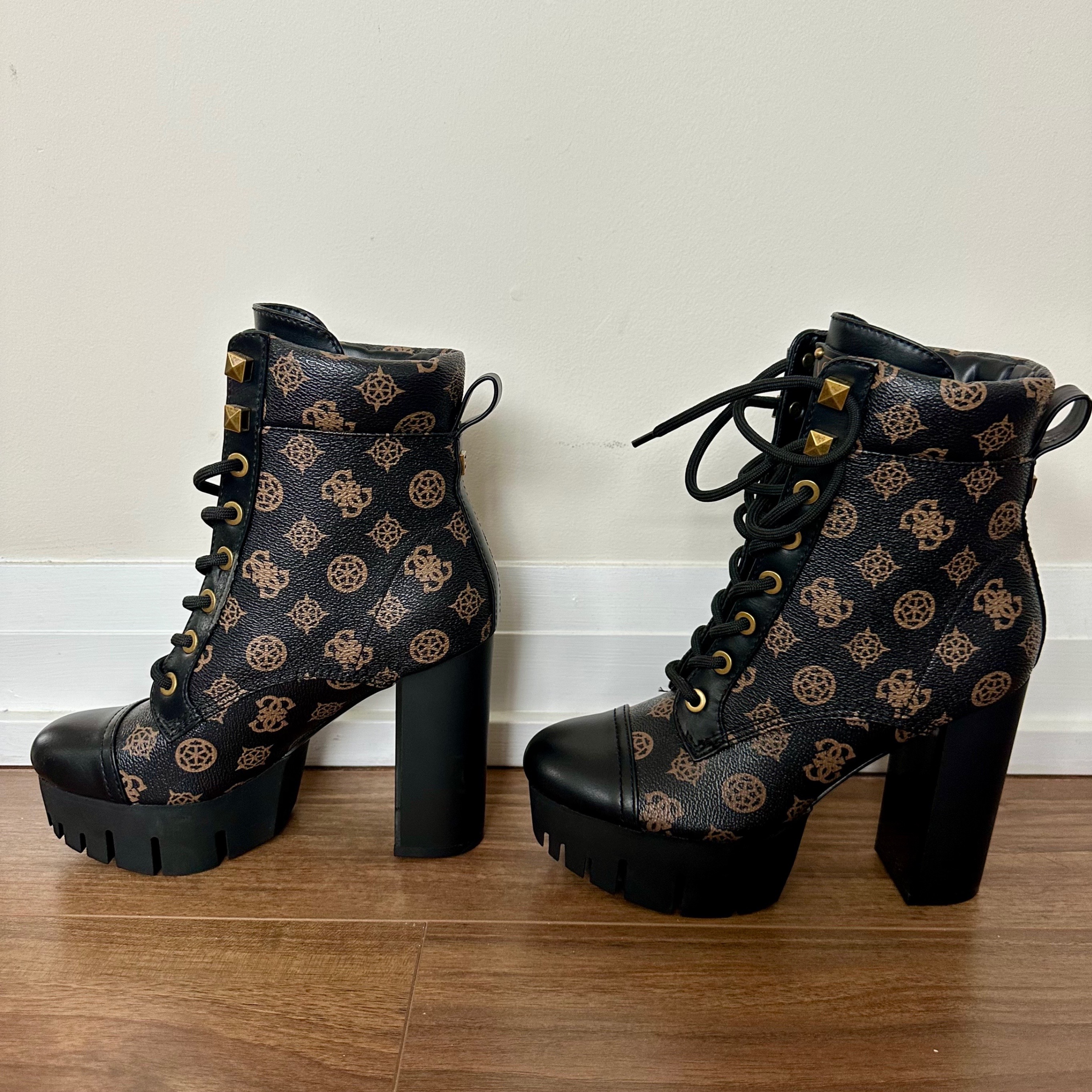 Guess "Geovey" Logo Print Lace Up High Heel Sole Booties - photo 3