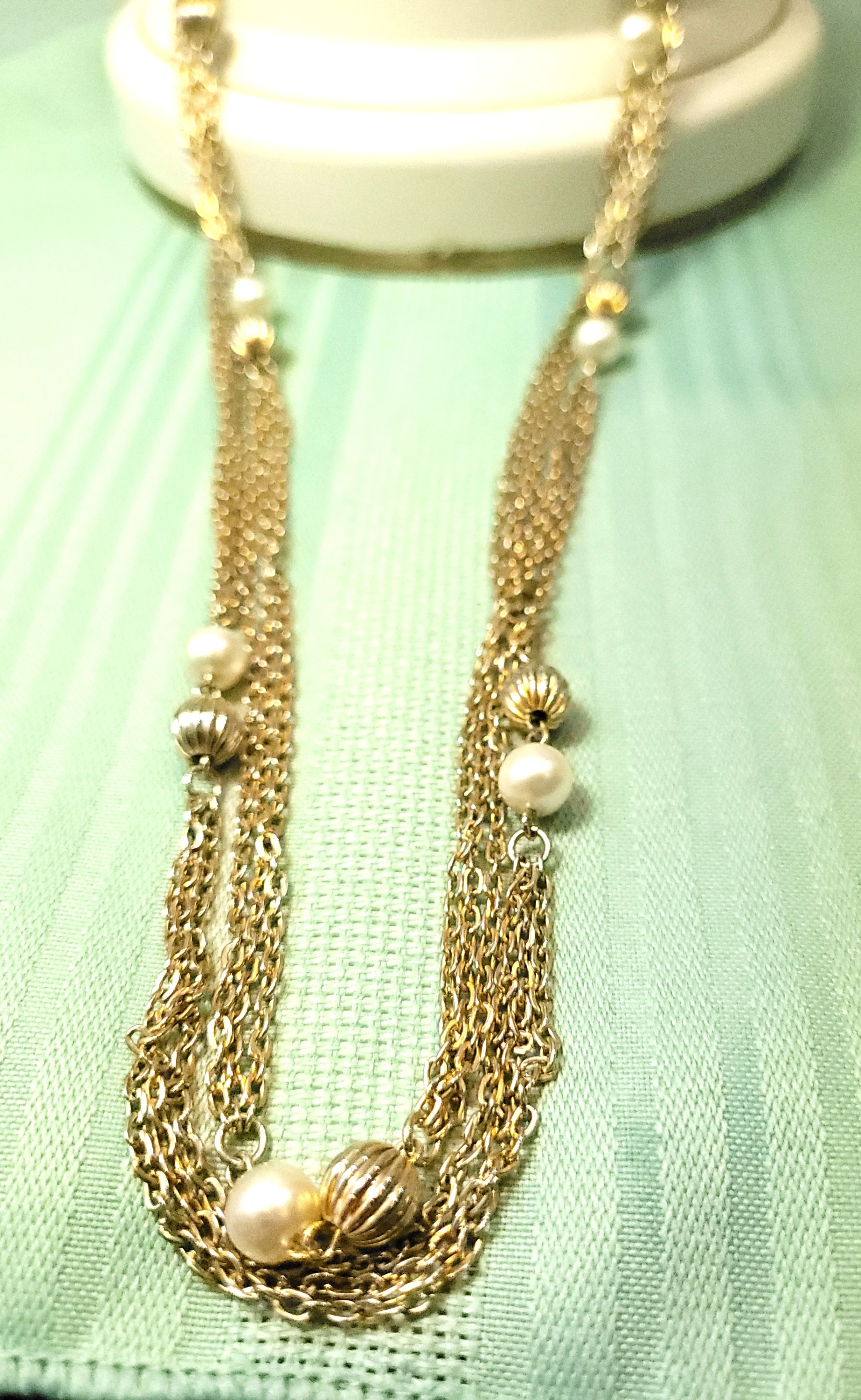 1960s- 52" Three-Strand Gold Tone Station Necklace Faux Pearl