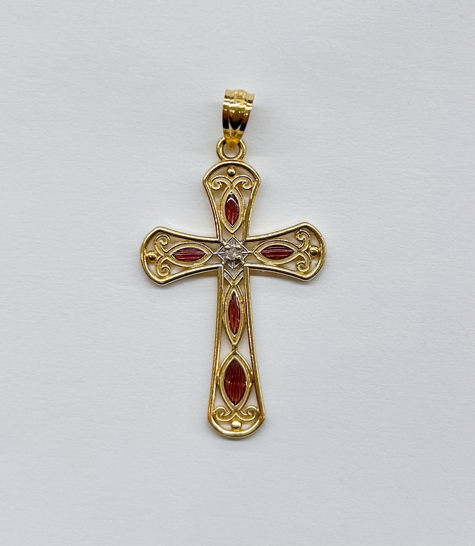 14K Yellow Gold Cross Pendant With Red Gemstones - photo 2