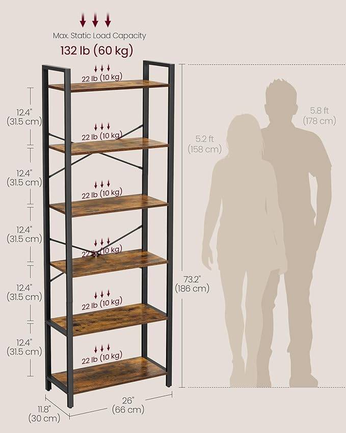 BRAND NEW, VASAGLE 6-Tier Bookshelf, 186cm, Rustic Brown - photo 3