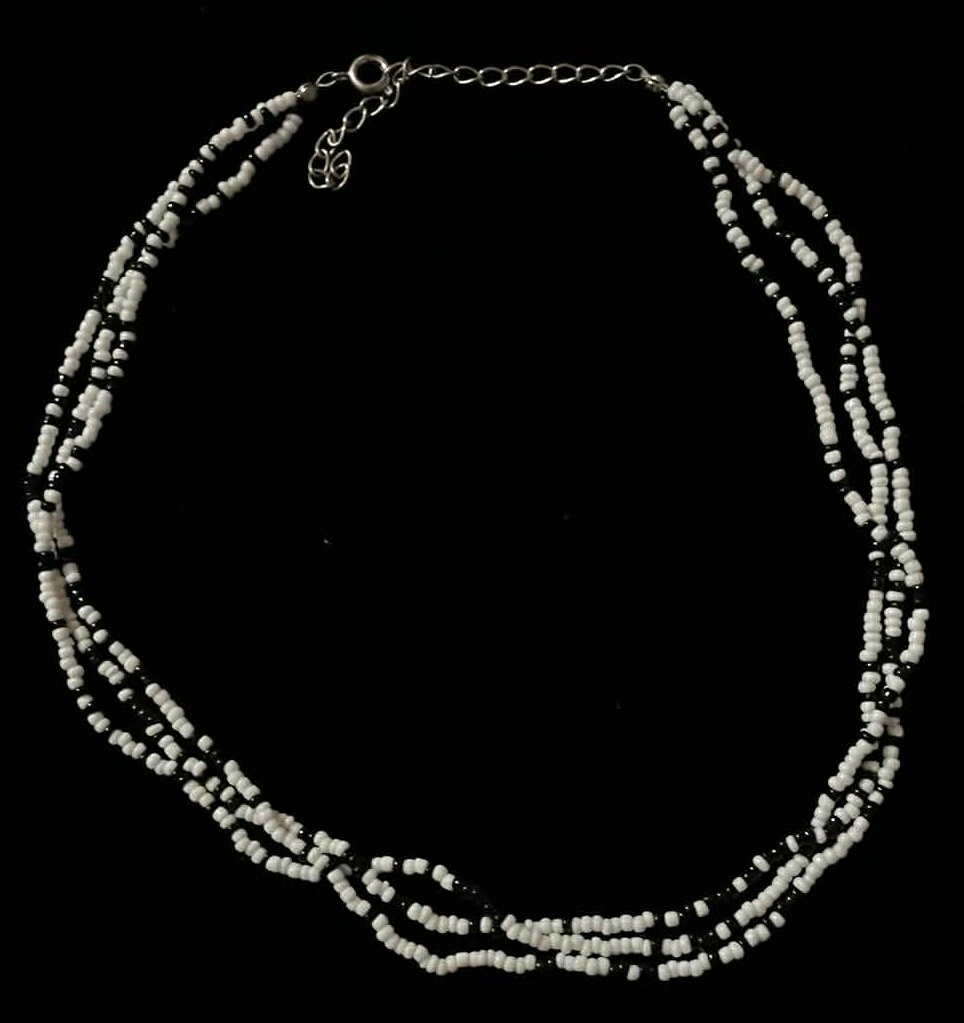 Three Strand Black and White Seed bead Necklace - 16 Inches