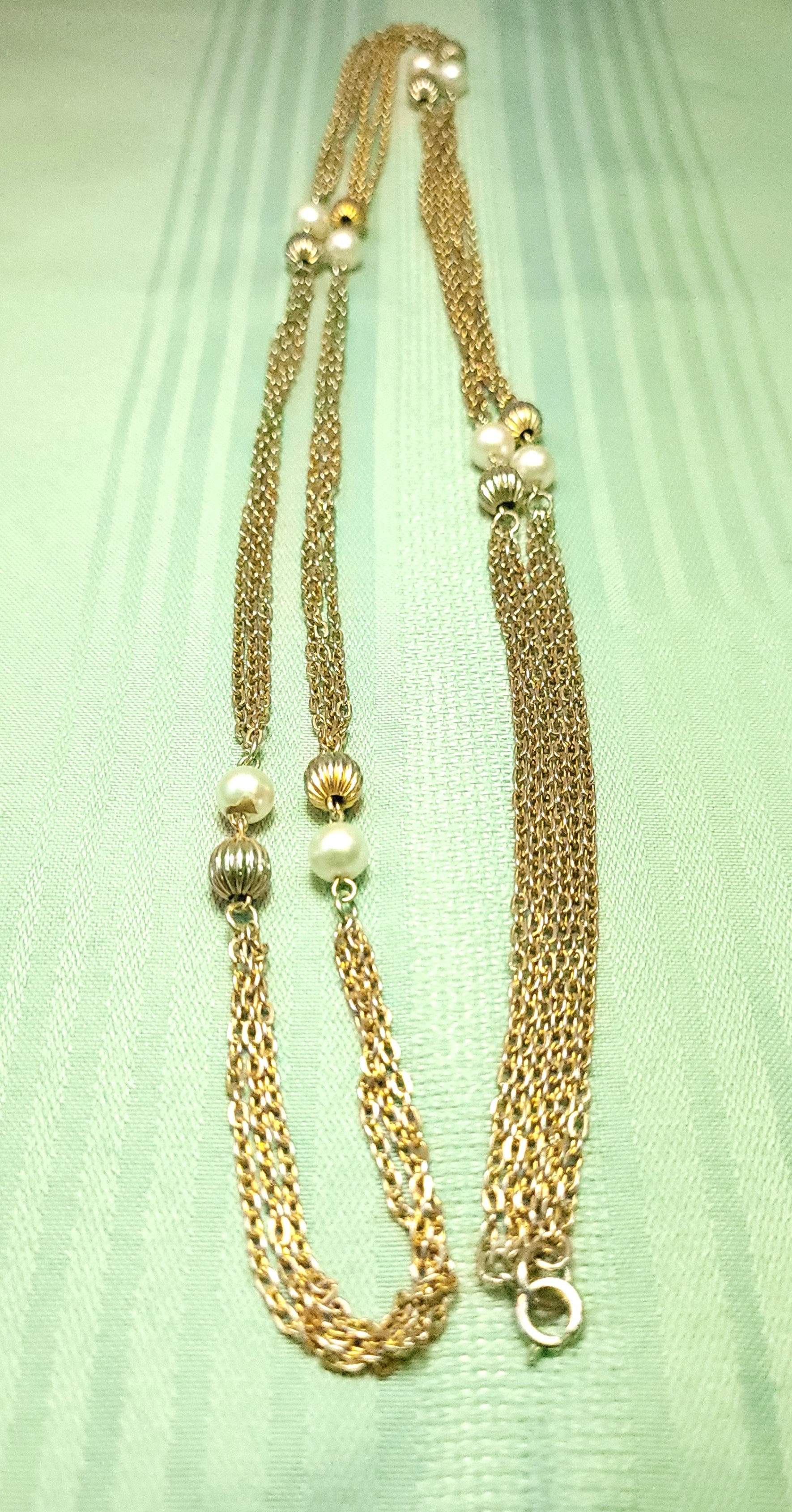 1960s- 52" Three-Strand Gold Tone Station Necklace Faux Pearl - photo 5
