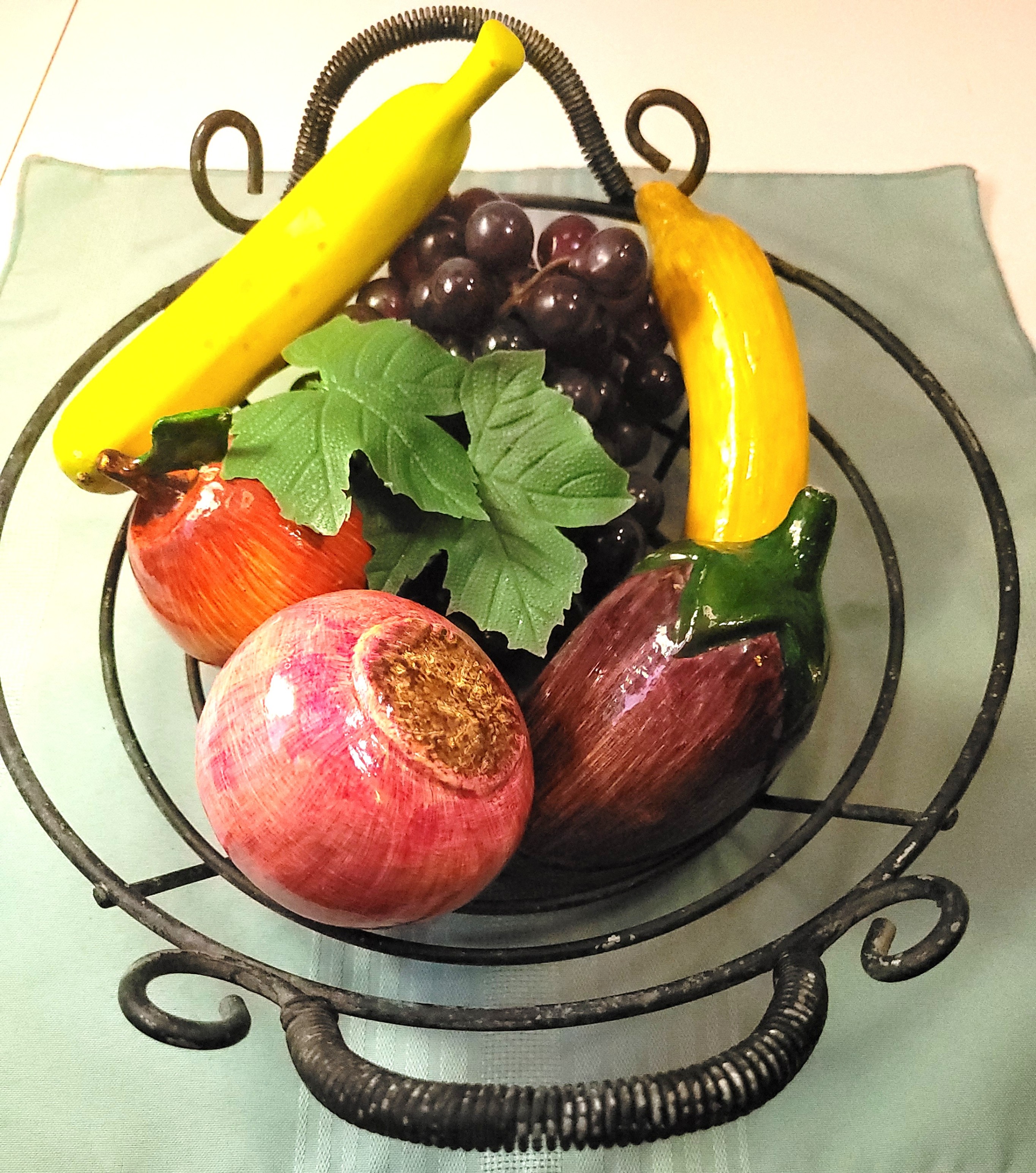 70s Wrought Iron Scroll Fruit Basket 6pc Lightweight Faux Fruit