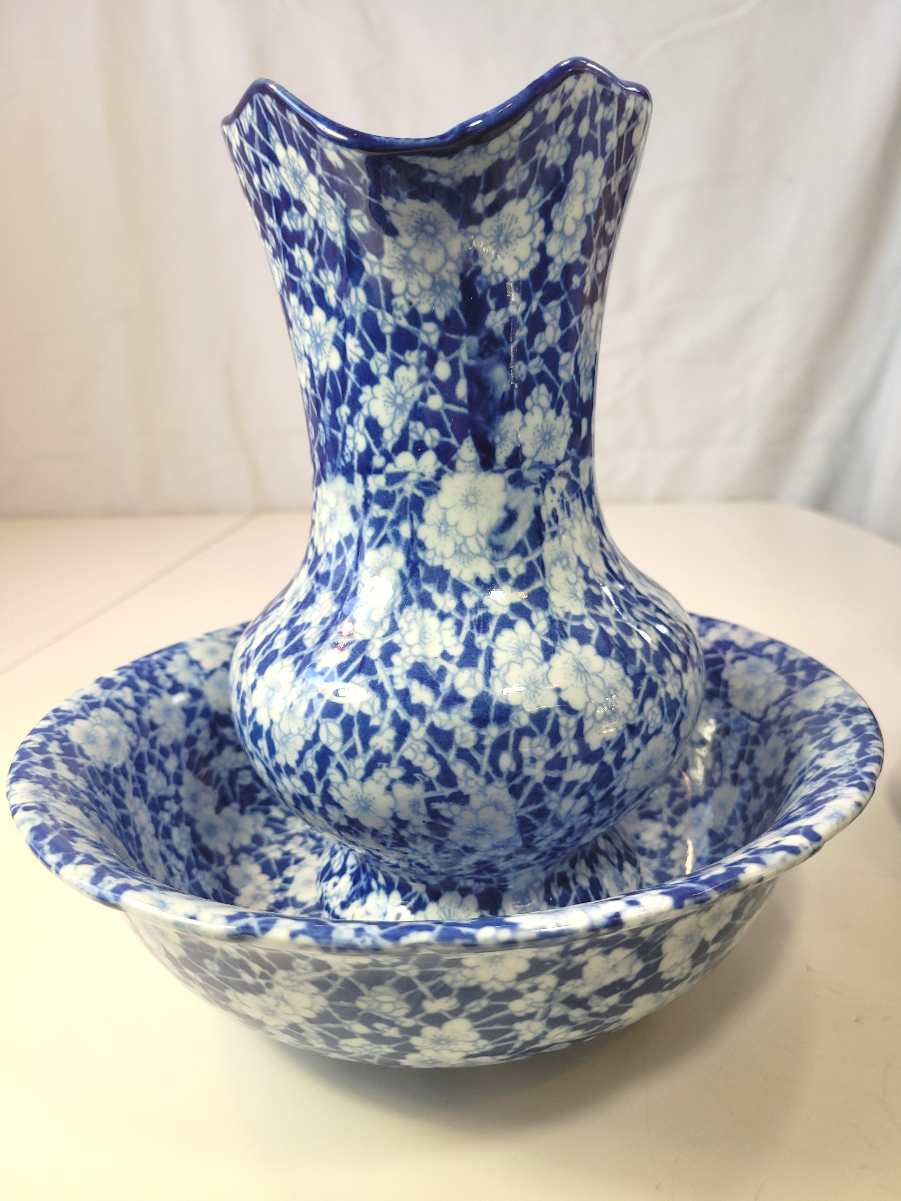 Ironstone Flow Blue Pitcher and Bowl Set Vintage Reproduction - photo 3