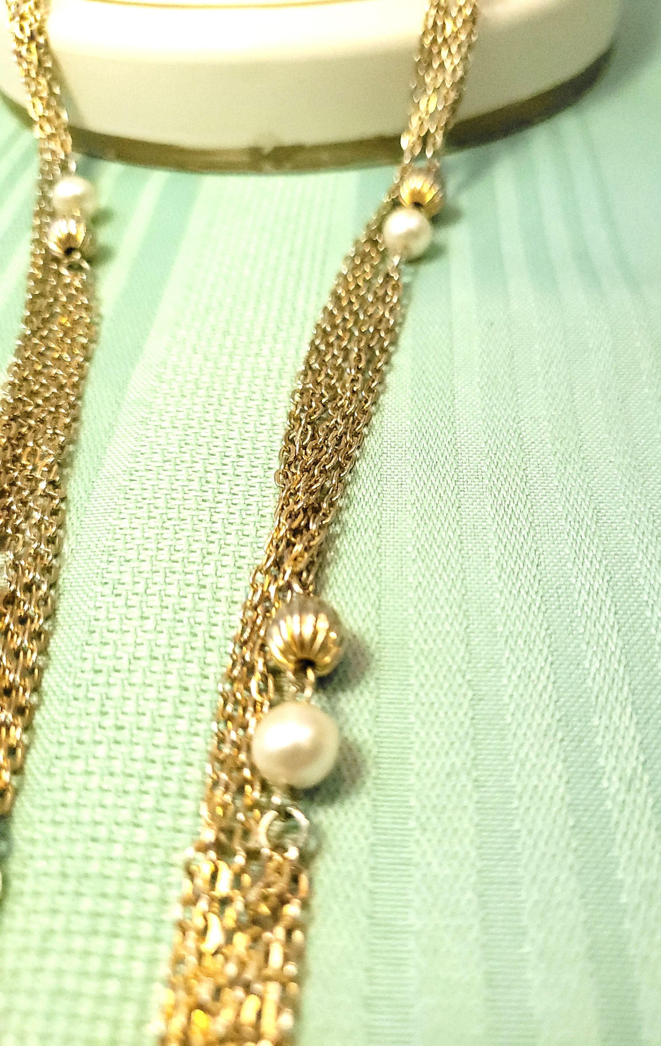 1960s- 52" Three-Strand Gold Tone Station Necklace Faux Pearl - photo 3