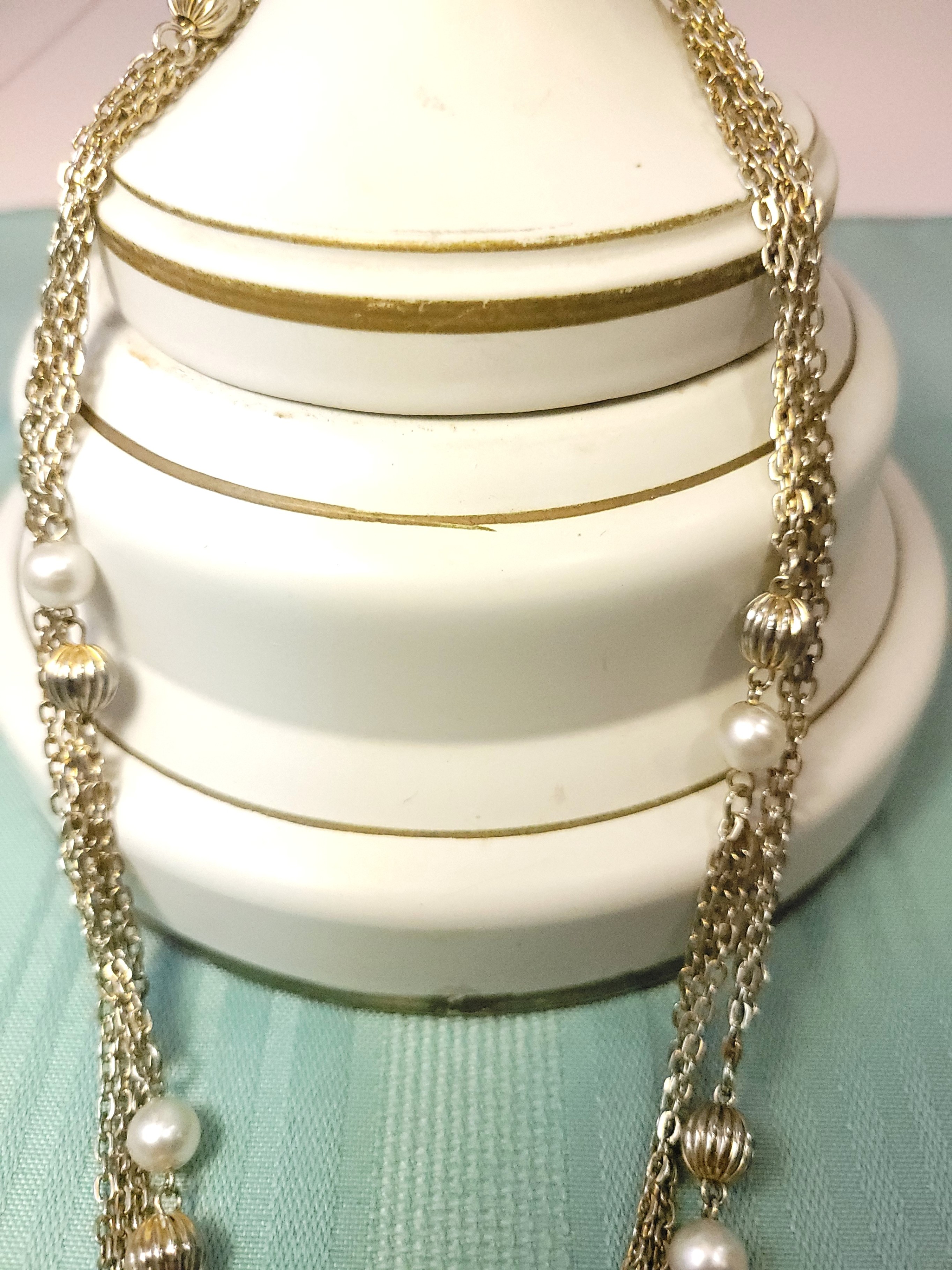 1960s- 52" Three-Strand Gold Tone Station Necklace Faux Pearl - photo 4