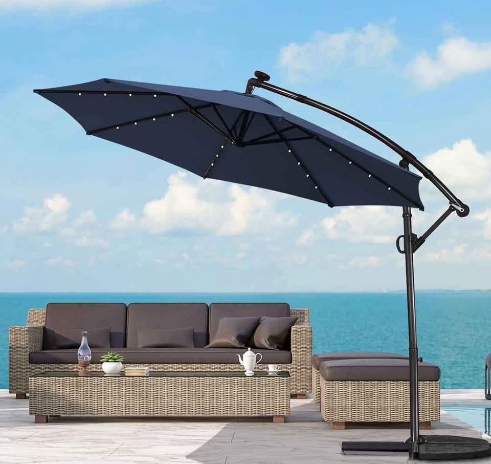 0FT Patio Offset Umbrella – Solar LED + 360° Rotation!