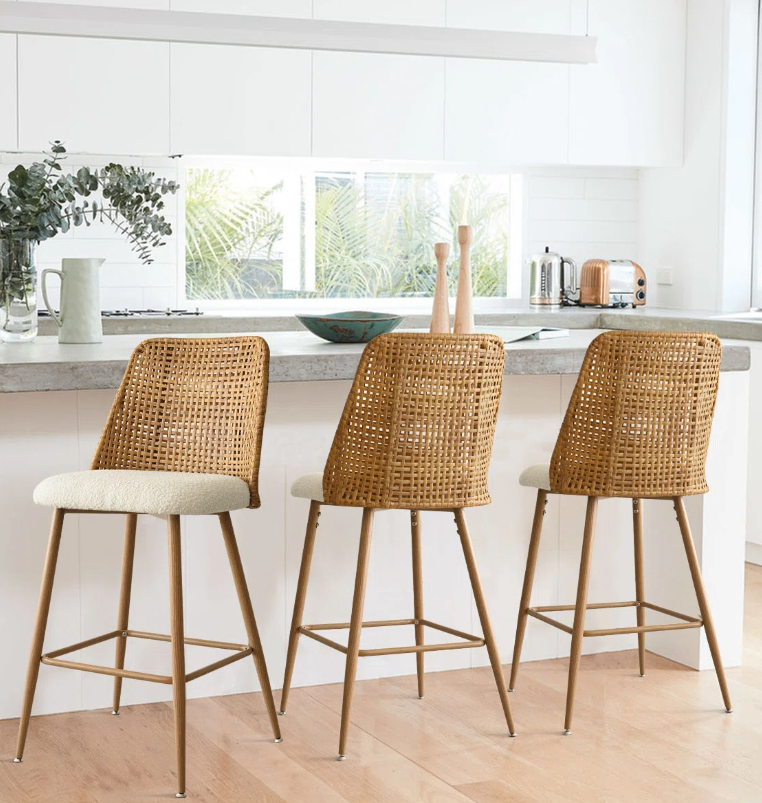 Rattan Bar Stool with Cushioned Seat - Set of 3 (New in box)