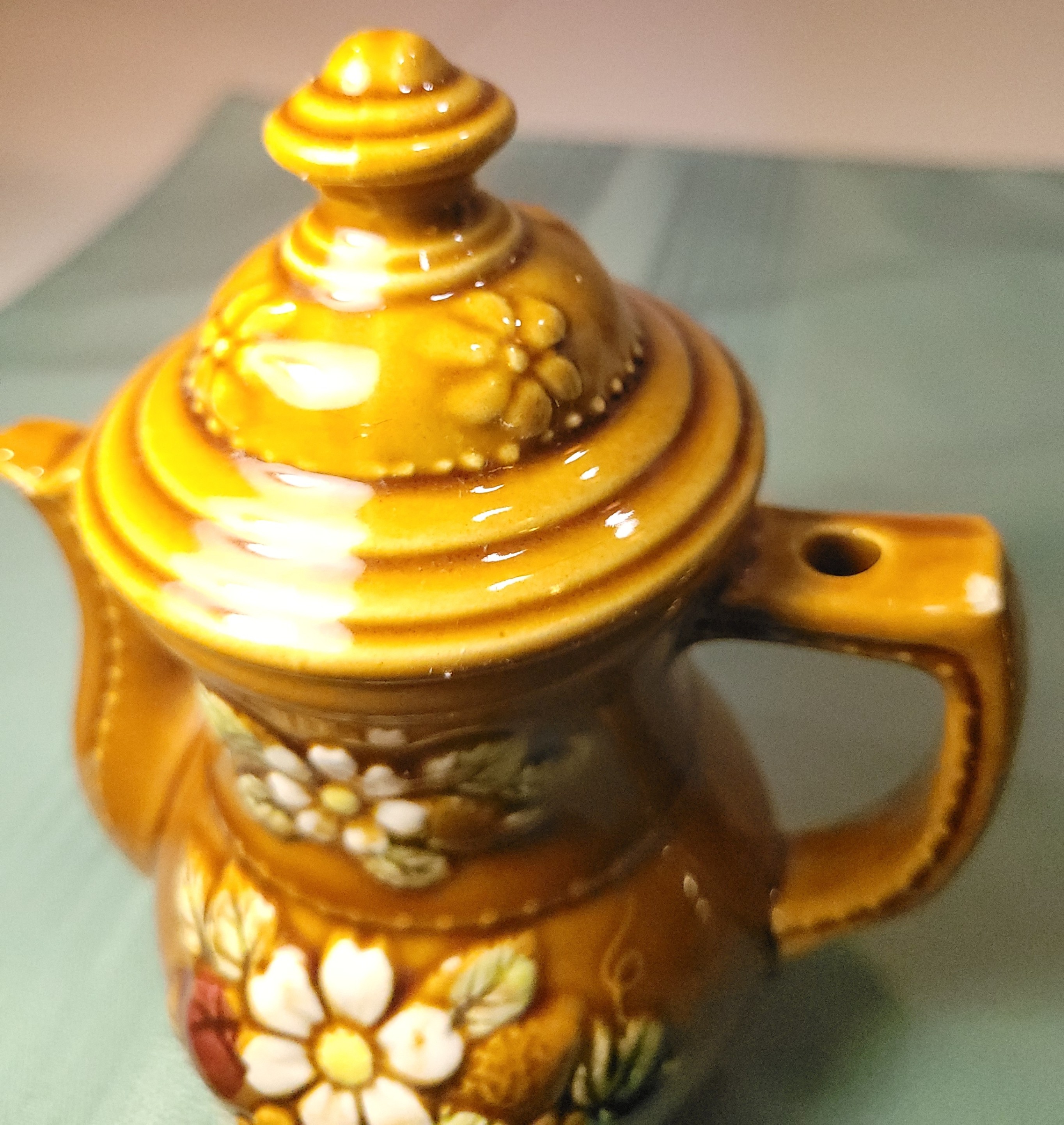 Vtg 1950s Japanese Ceramic Floral Syrup Pitcher - Mustard Gold - photo 2