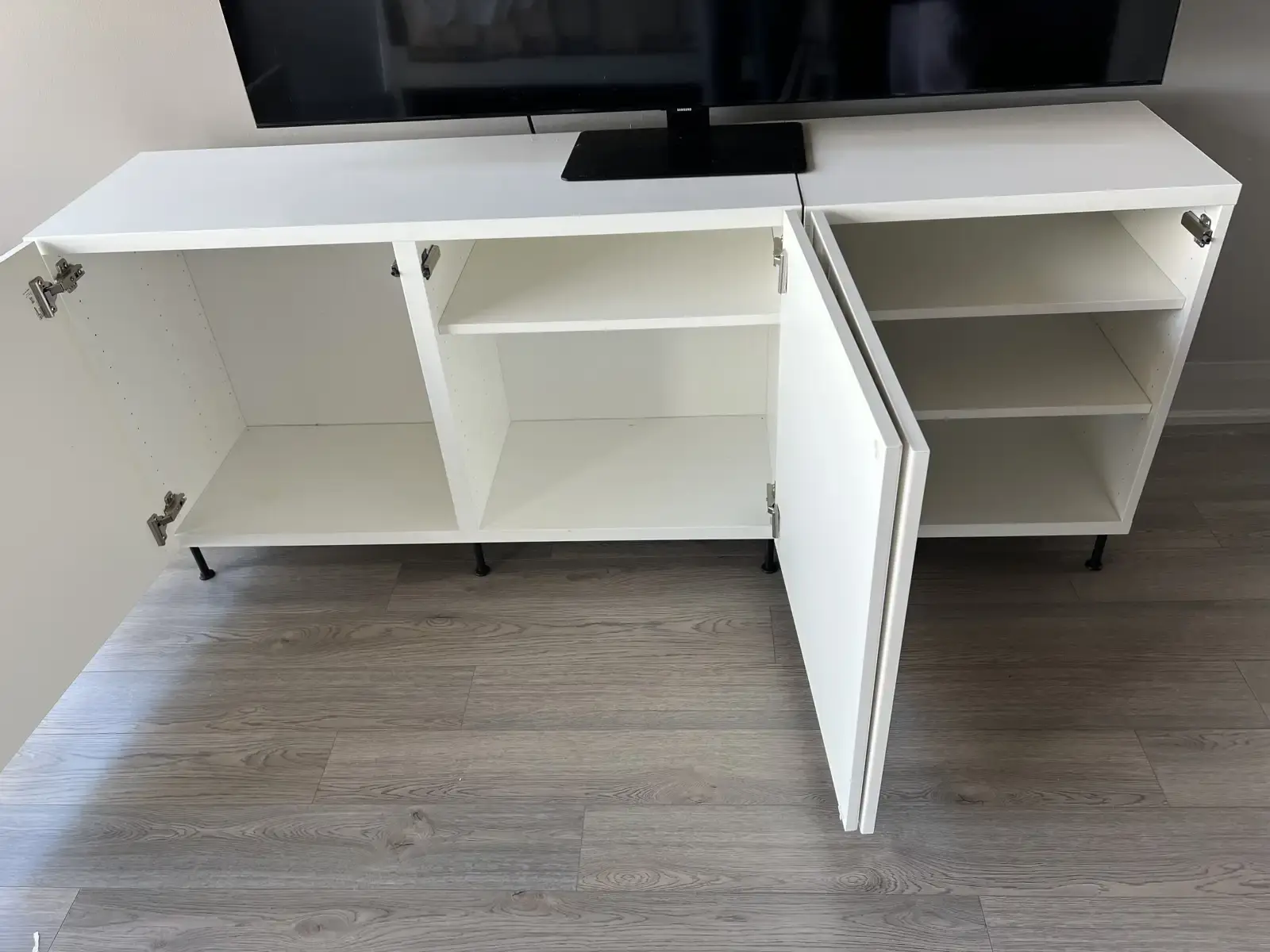 White Sectional TV Stand with Push-Open Doors — Like New - photo 2