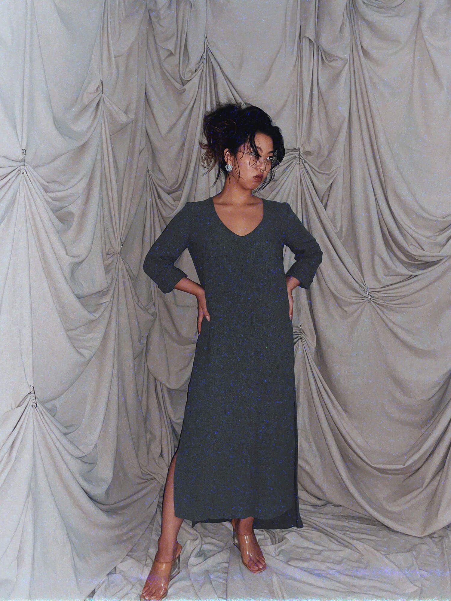 grey wool maxi boxy dress 3/4 sleeve high thigh slits - photo 4