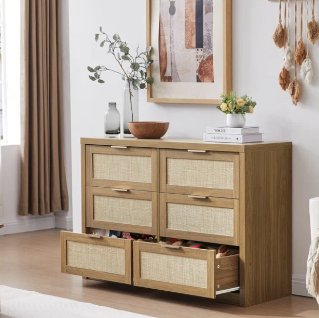 Wood & Rattan 6-Drawer Dresser - (New in box) - photo 3