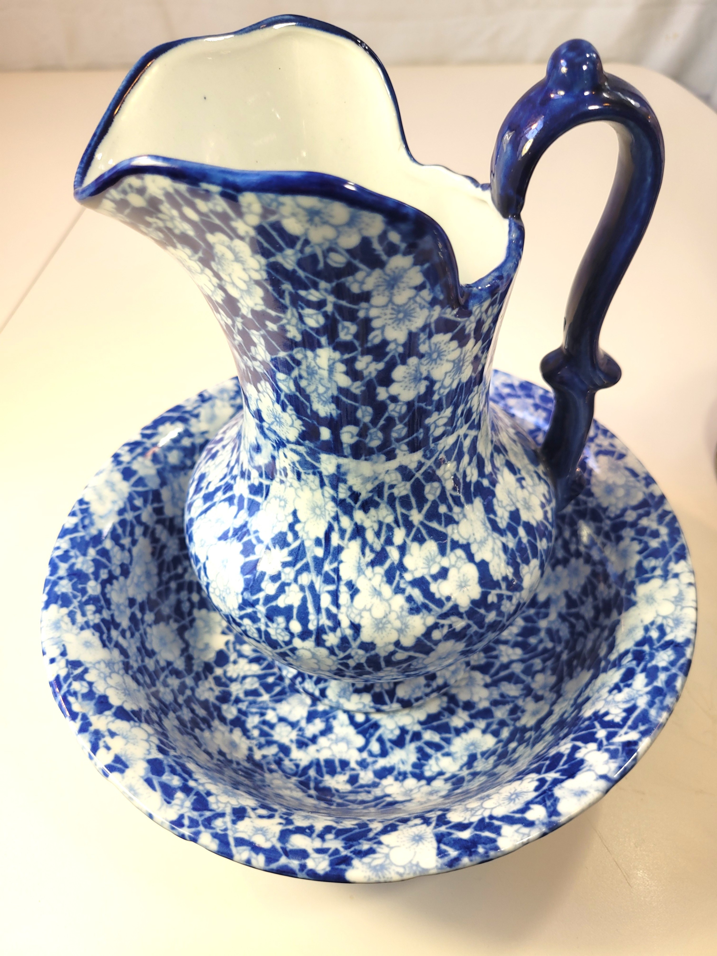 Ironstone Flow Blue Pitcher and Bowl Set Vintage Reproduction