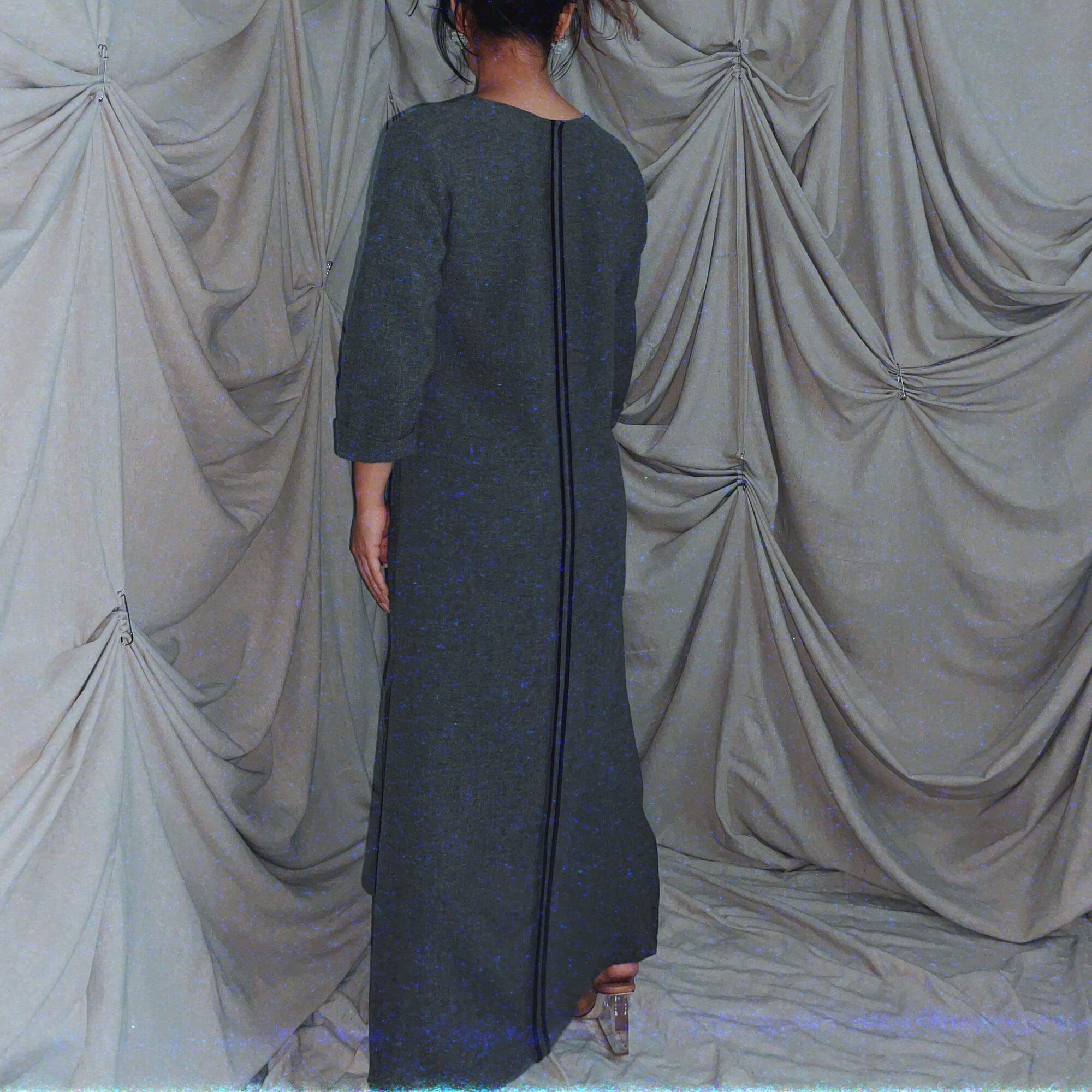 grey wool maxi boxy dress 3/4 sleeve high thigh slits