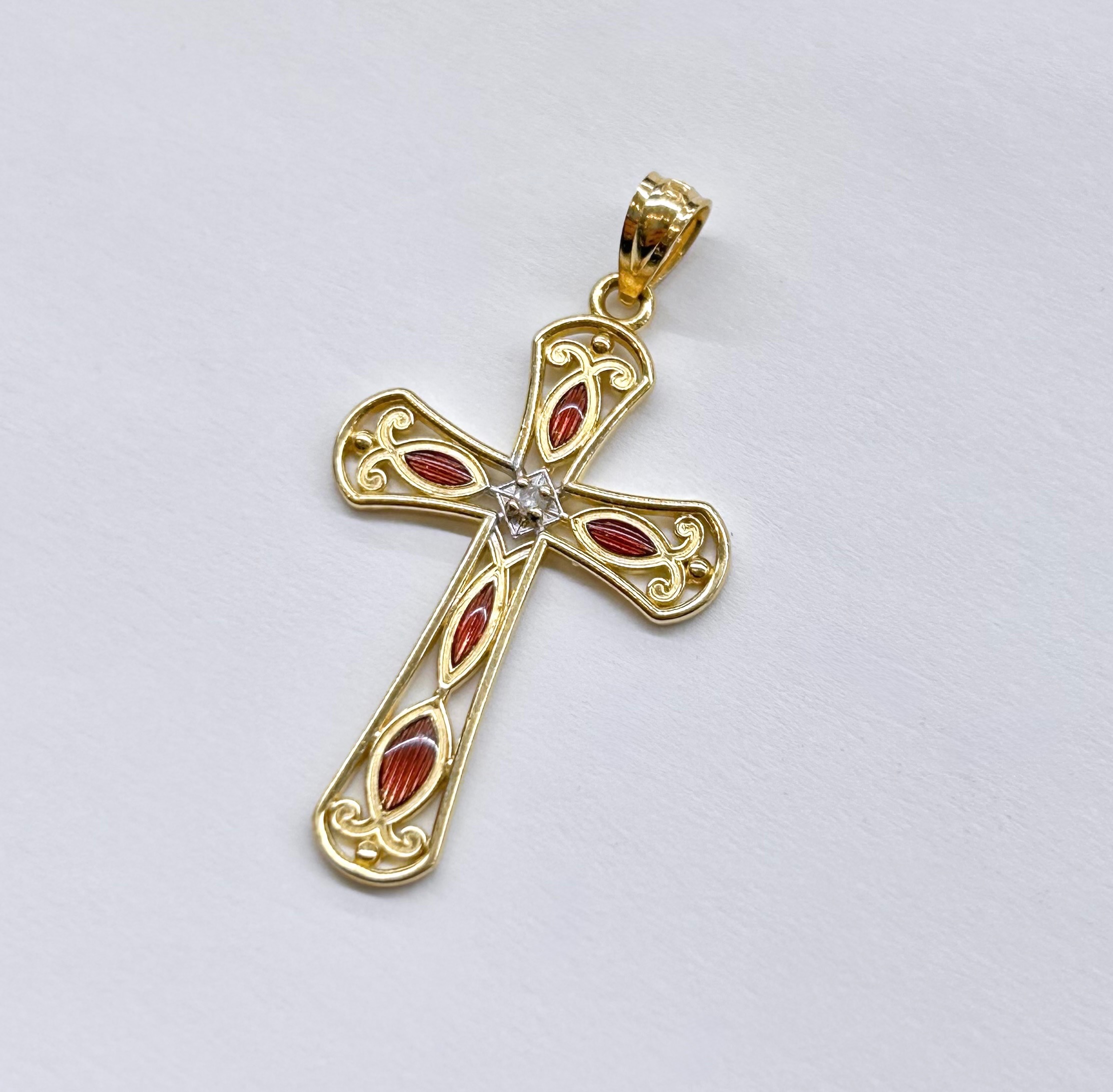 14K Yellow Gold Cross Pendant With Red Gemstones - photo 3