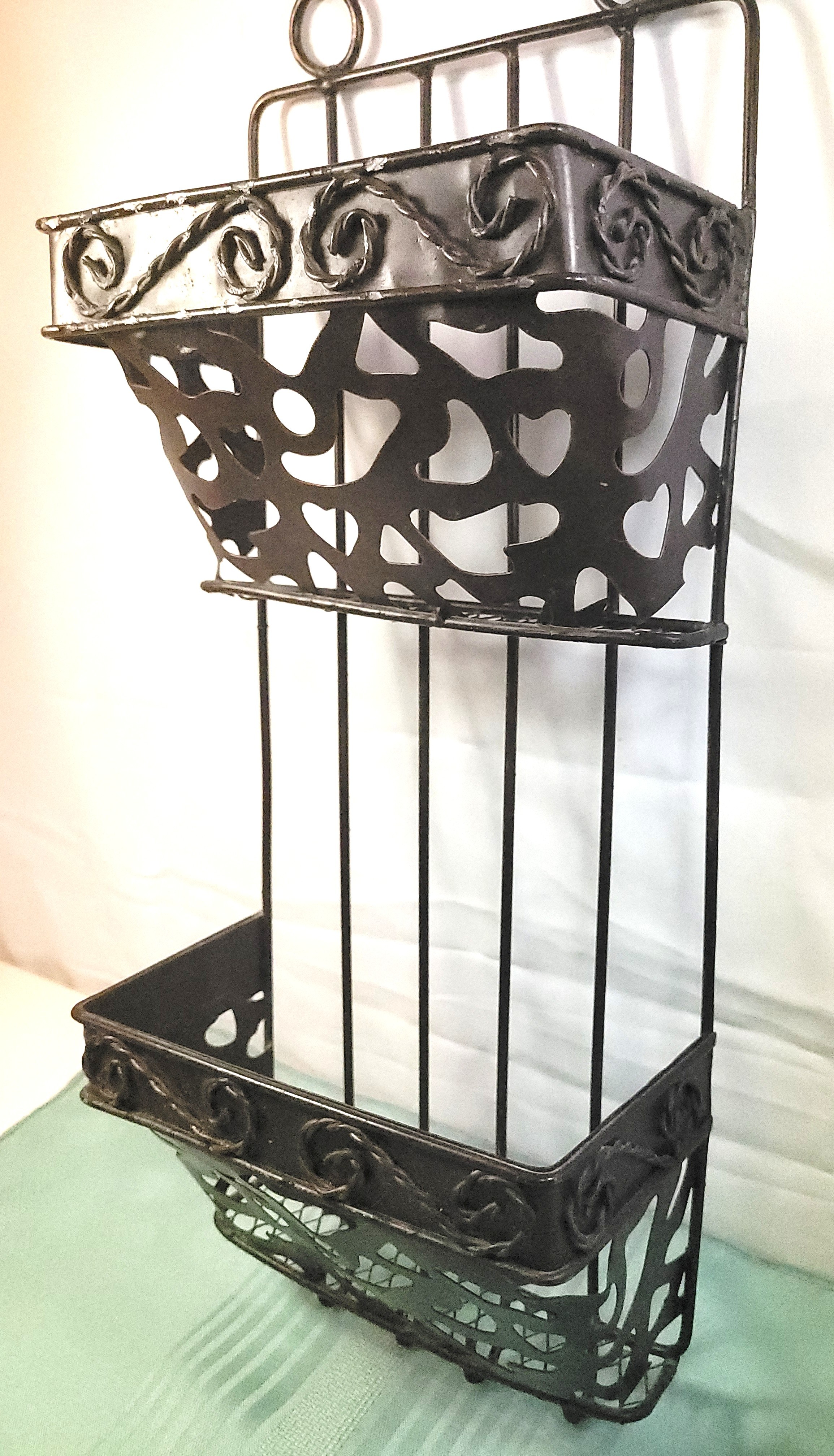 1970s Wrought Iron Mail Organizer 2 Tier Scroll Letter Holder - photo 4