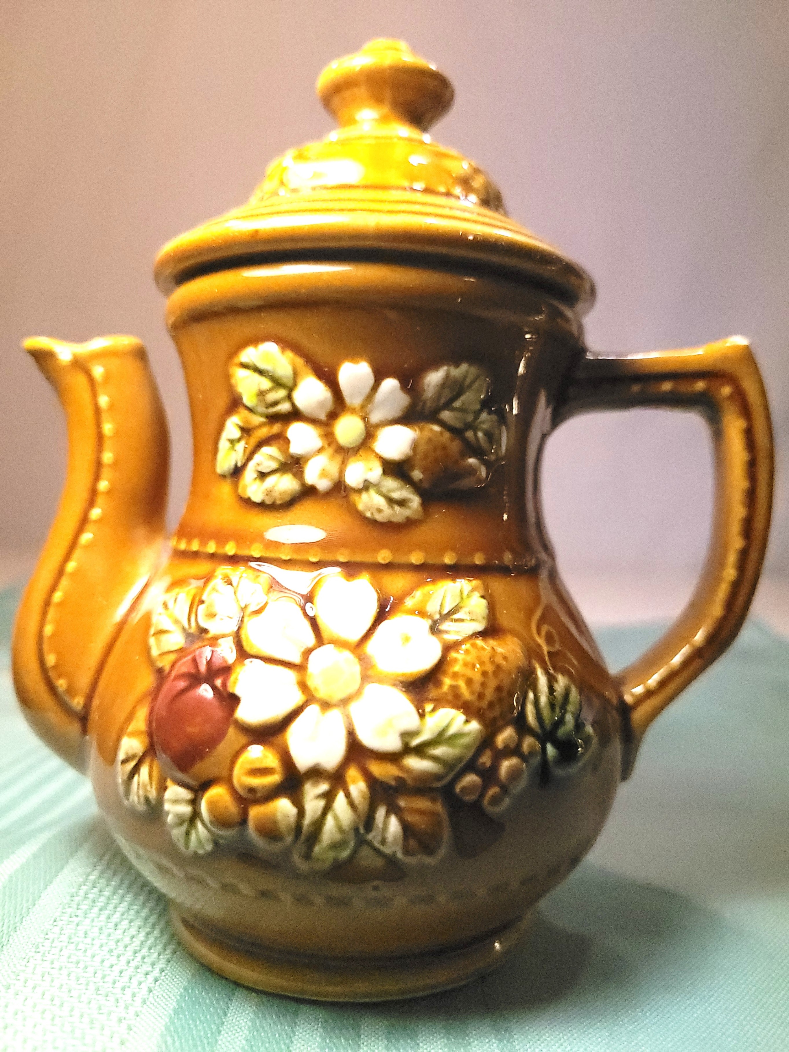 Vtg 1950s Japanese Ceramic Floral Syrup Pitcher - Mustard Gold