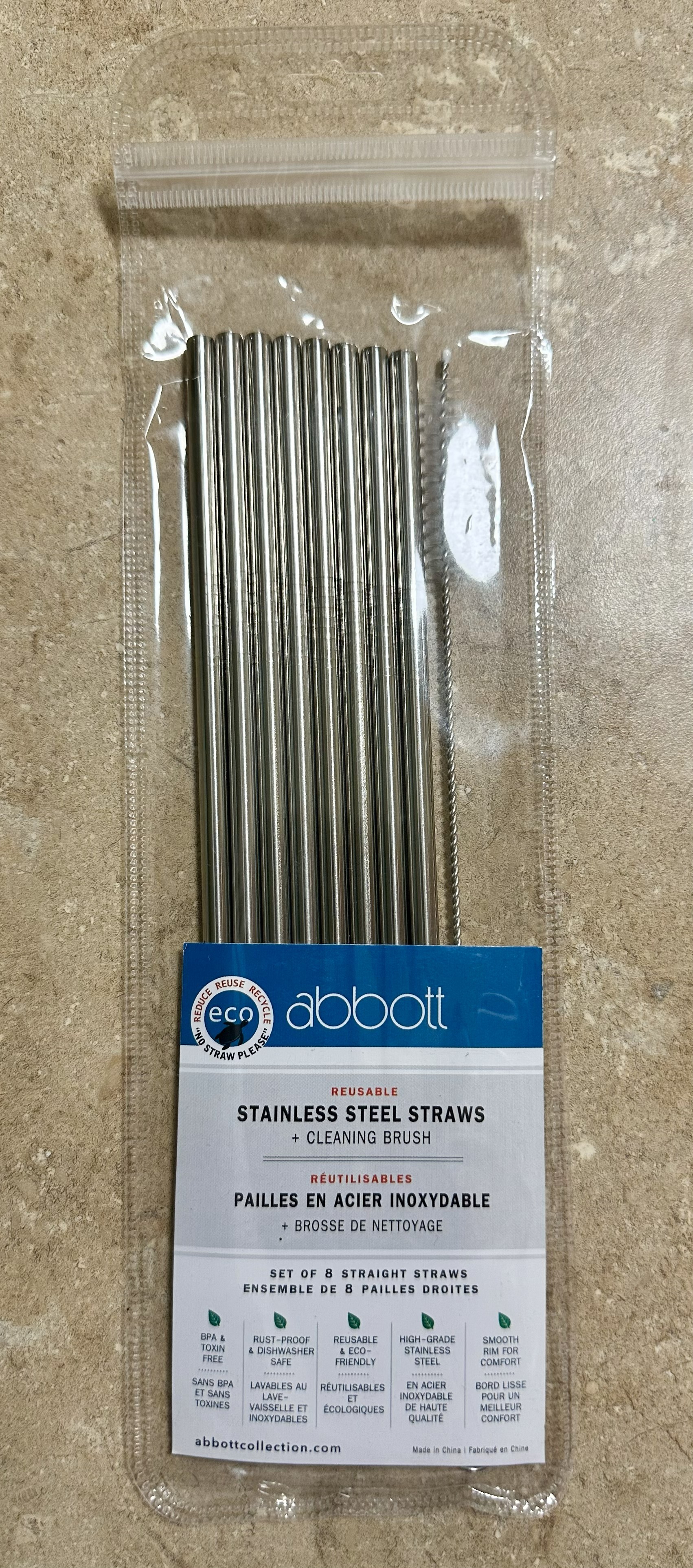 NEW 8 Reusable Stainless Steel Straws + Cleaning Brush