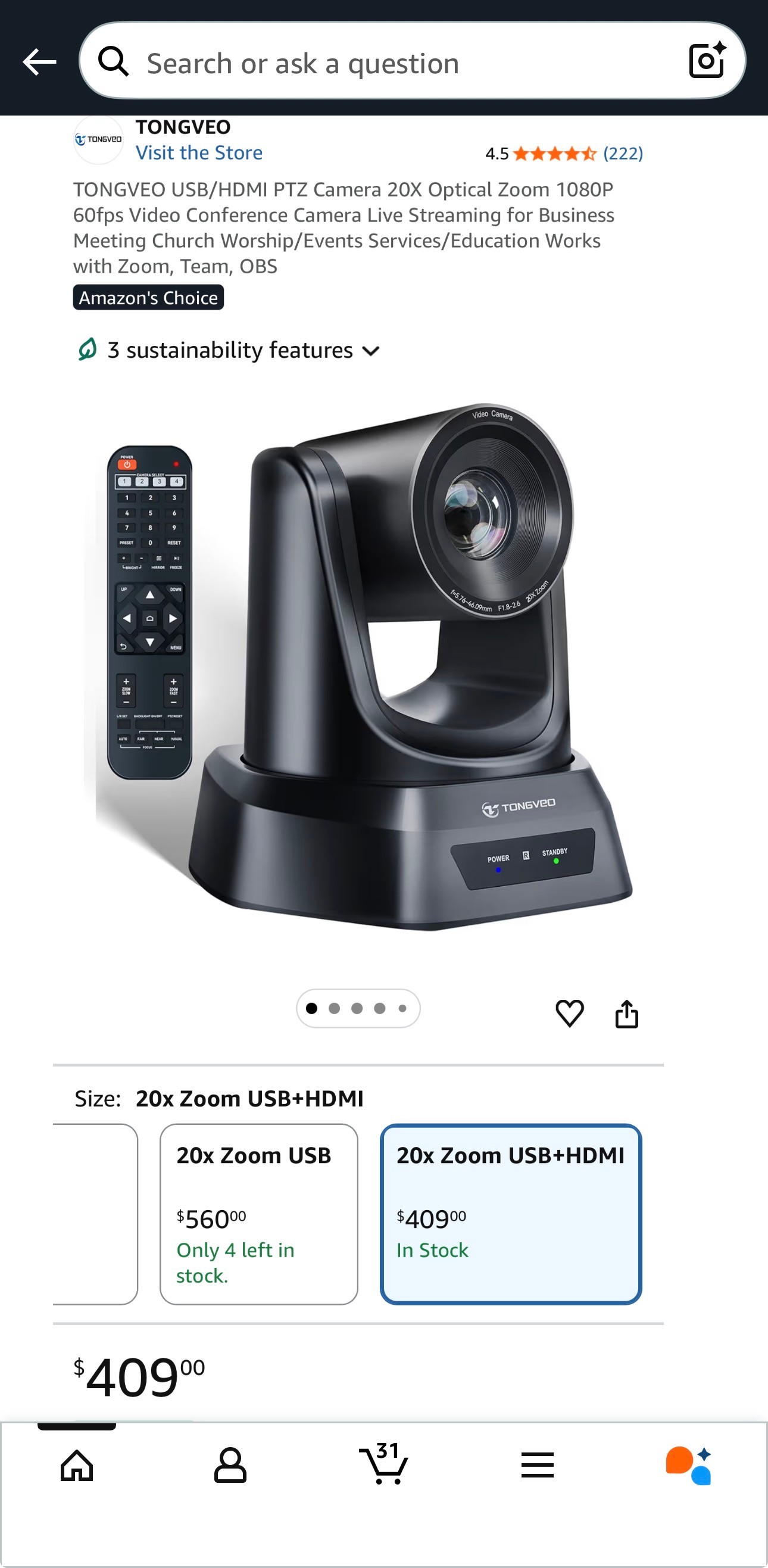 Video Conference Camera USB/HDMI PTZ 20X Optical Zoom 1080P/60fp