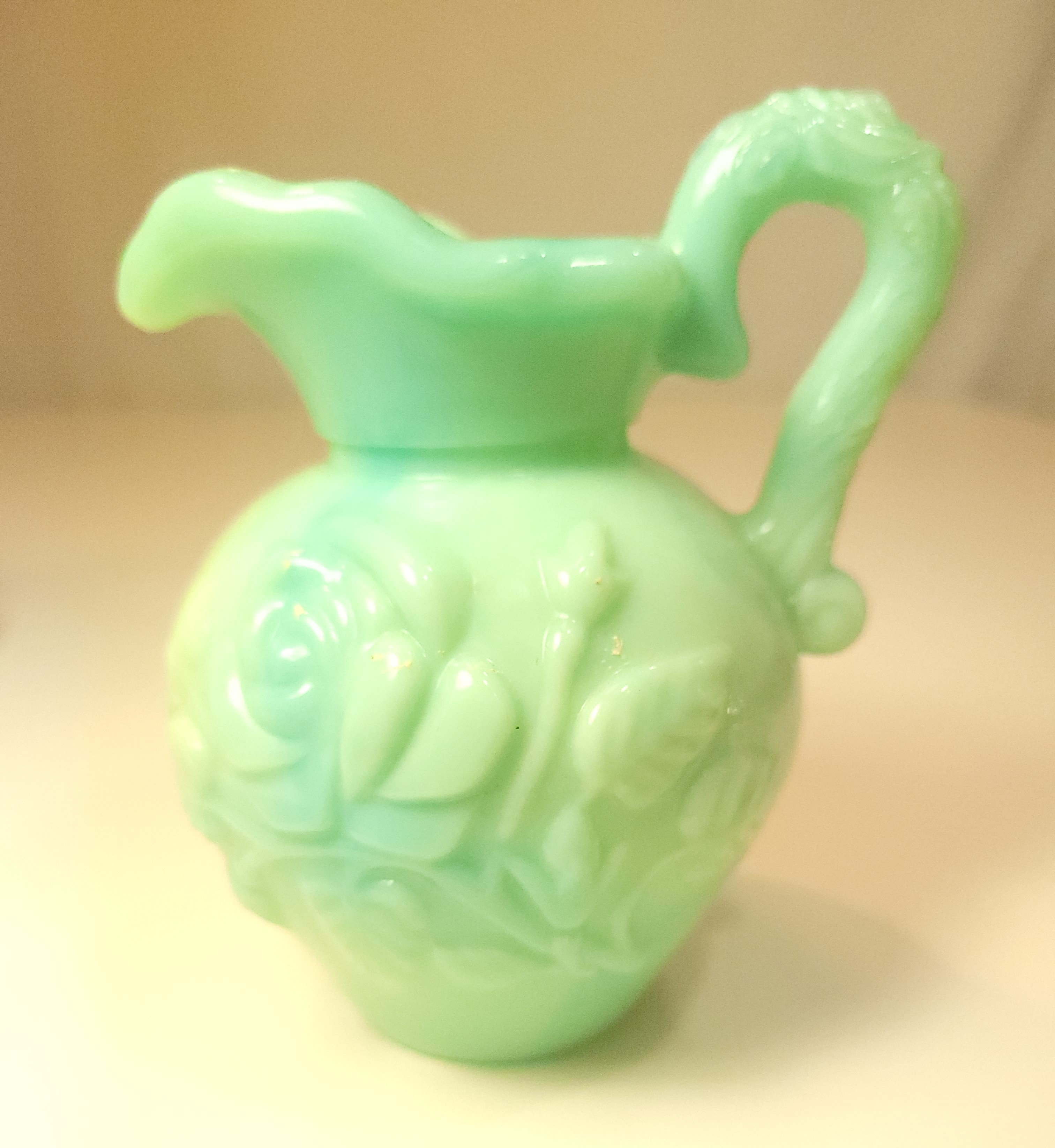 Vintage 1971 Avon Victoriana Green Slag Glass Rose Pitcher 4.5"