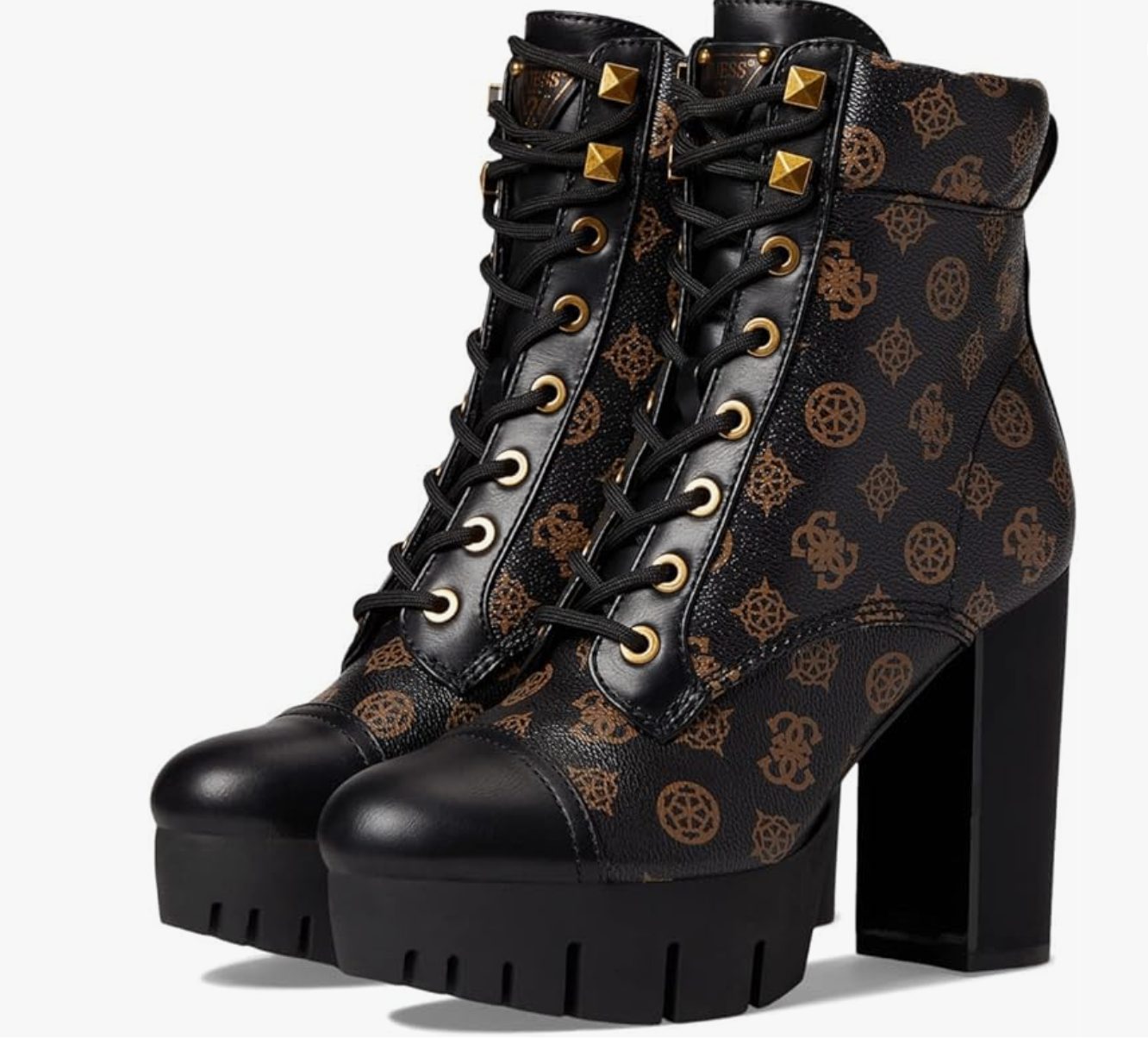 Guess "Geovey" Logo Print Lace Up High Heel Sole Booties