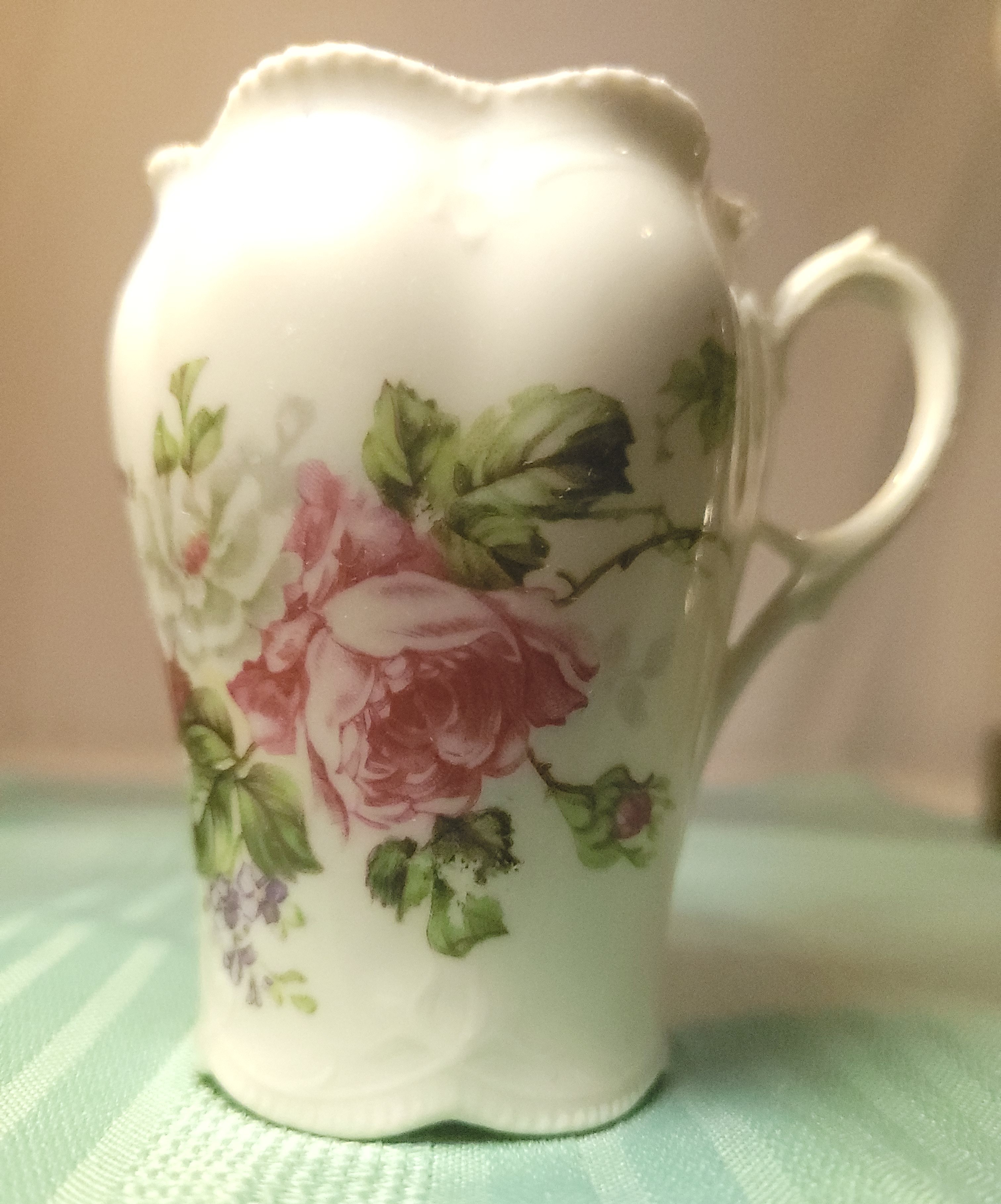 1950s Porcelain Creamer - Pink Moss Rose Pattern, Scalloped Gold