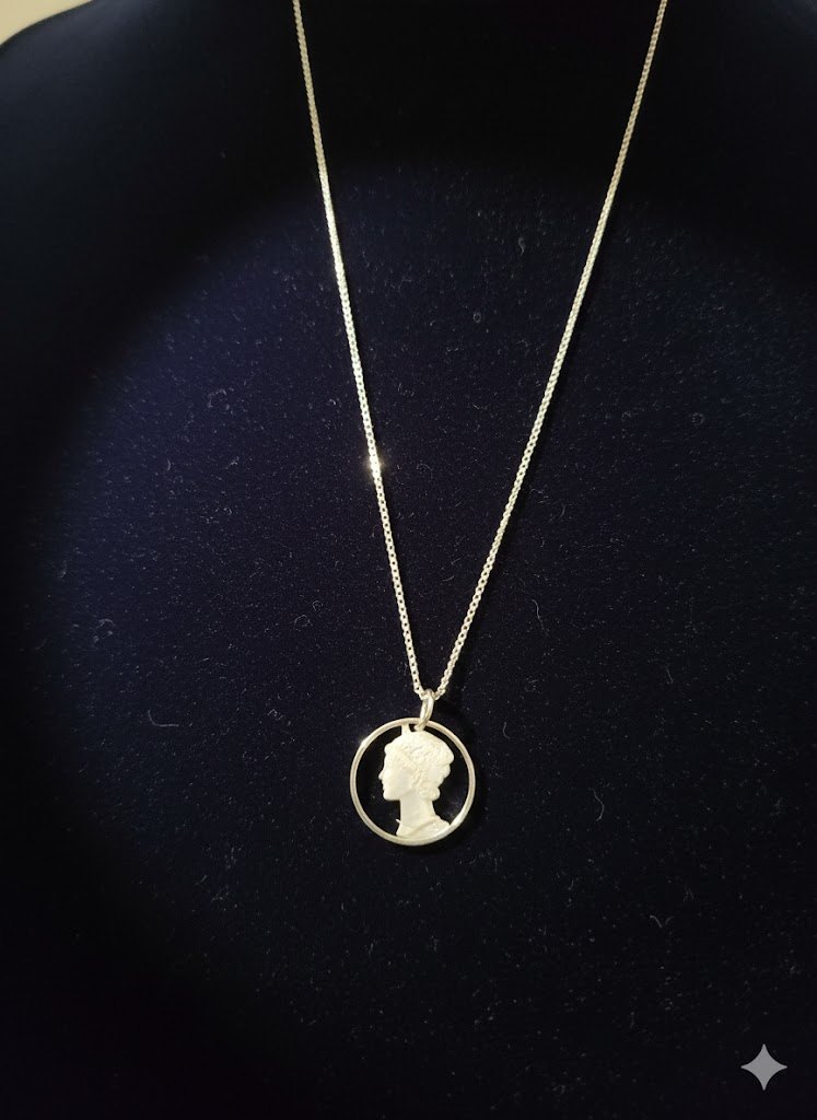 Vintage Hand Cut Mercury Dime Pendant Necklace Sterling Silver - photo 4
