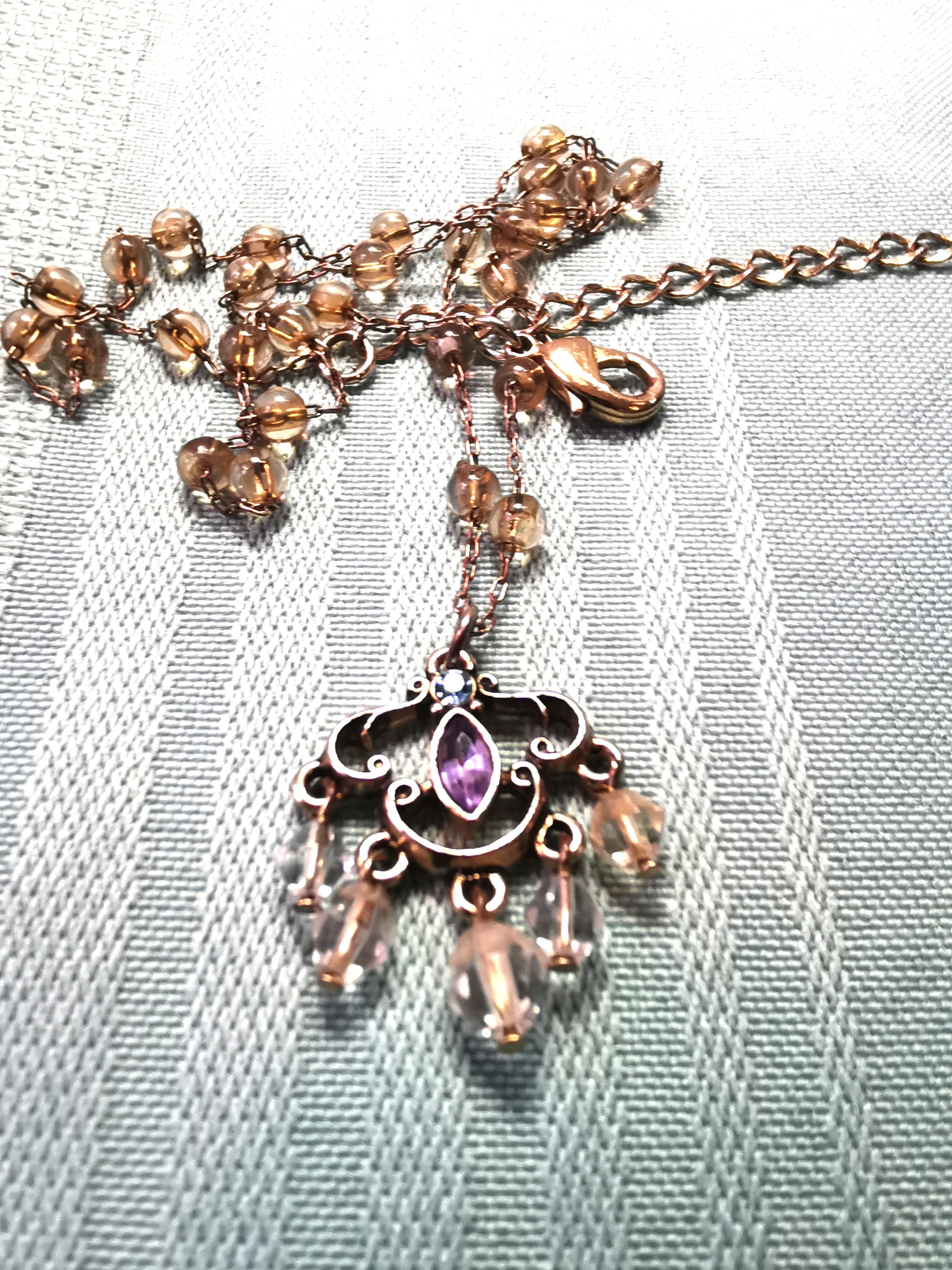 70s Victorian Revival Brass Filigree Necklace Amethyst Glass 18" - photo 4