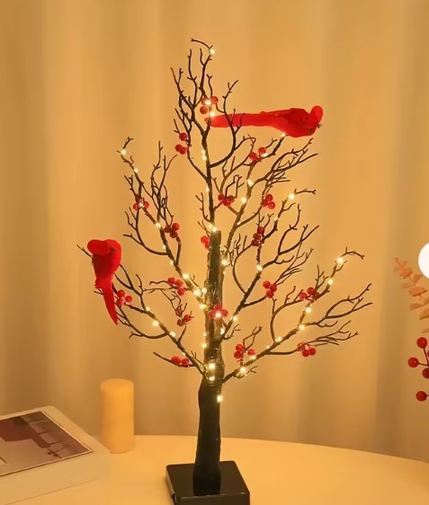 LED Birch Tree with Red Cardinals USB