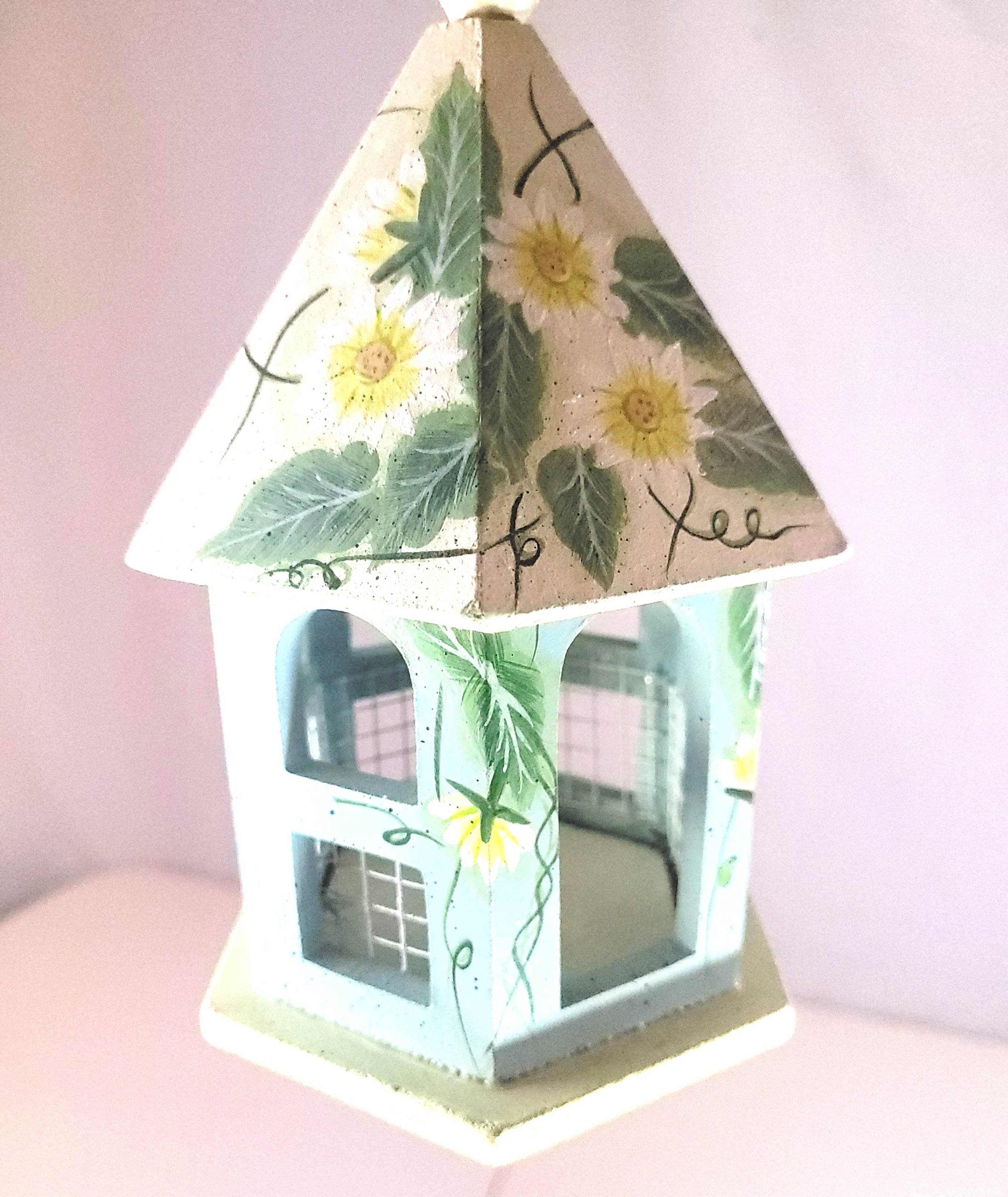 90s Hand Painted Wooden Birdhouse  Hexagon Gazebo Garden 7.25"