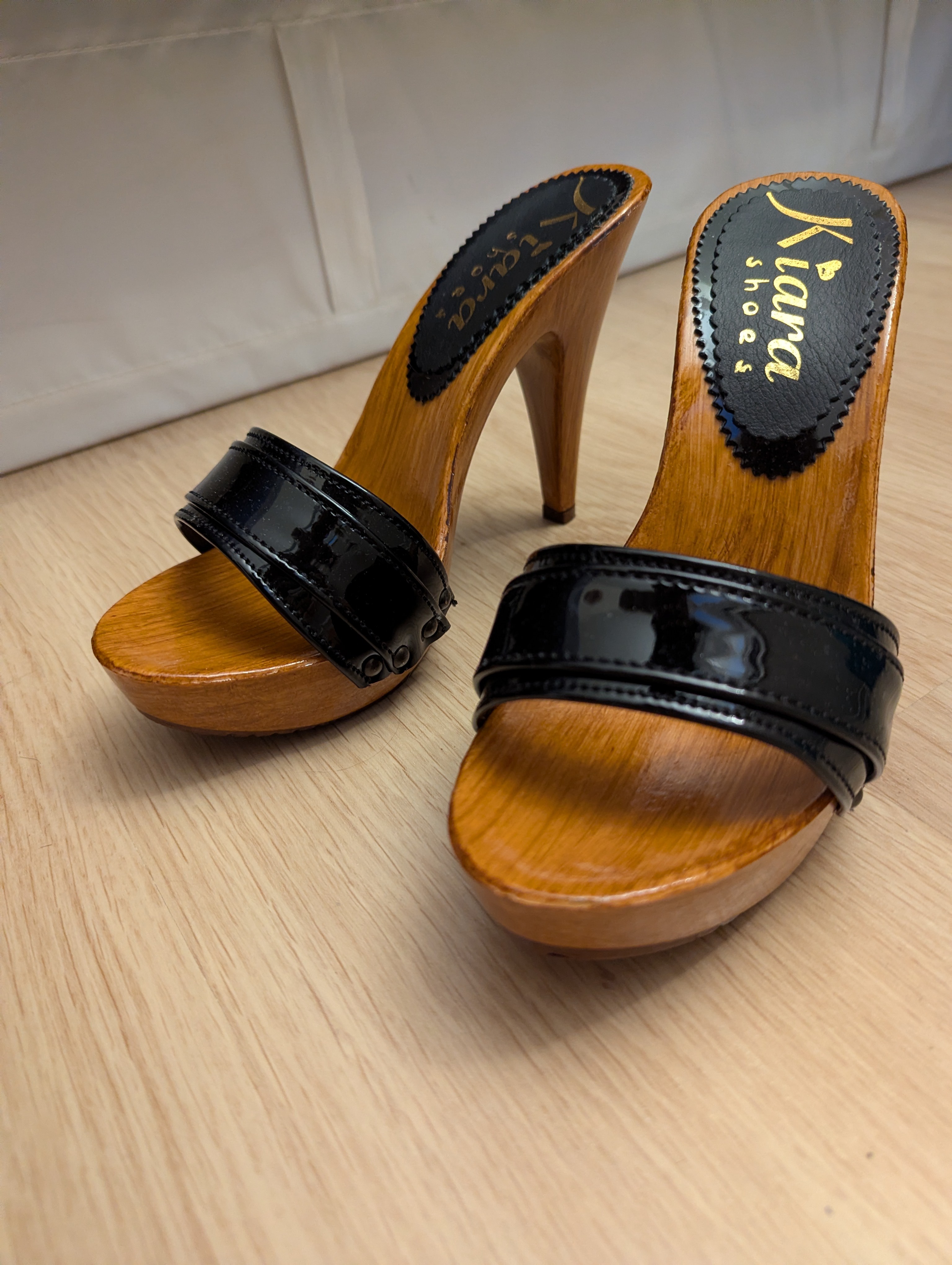 Black Patent Mule Kiara Wood Heel Size 38 / Size 7