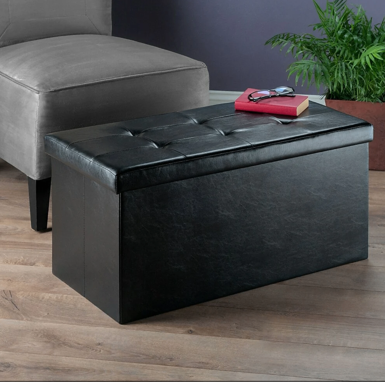 ORNAVO HOME Foldable Ottoman with Storage, Tufted Faux-Leather