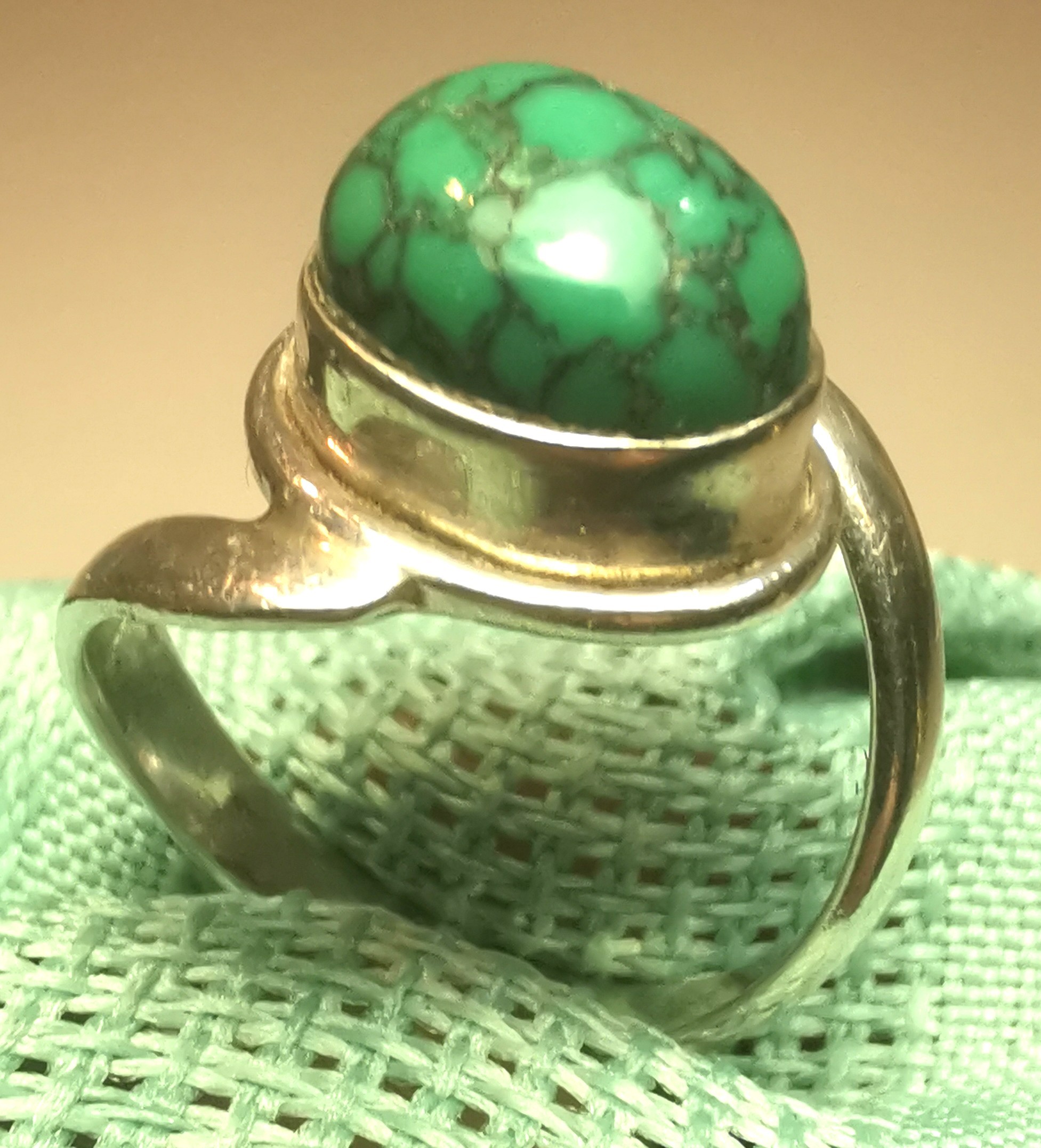 1980s Sterling Silver Bypass Ring Green Royston Turquoise 6.5