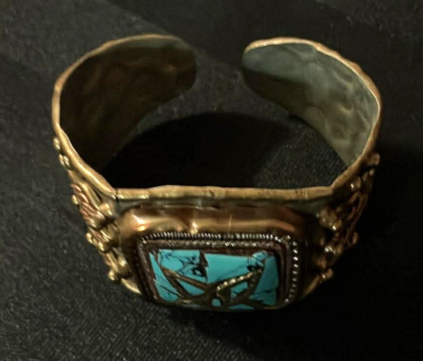 Vintage Open Bangle Bracelet Brass Tone With Blue Accent - photo 2