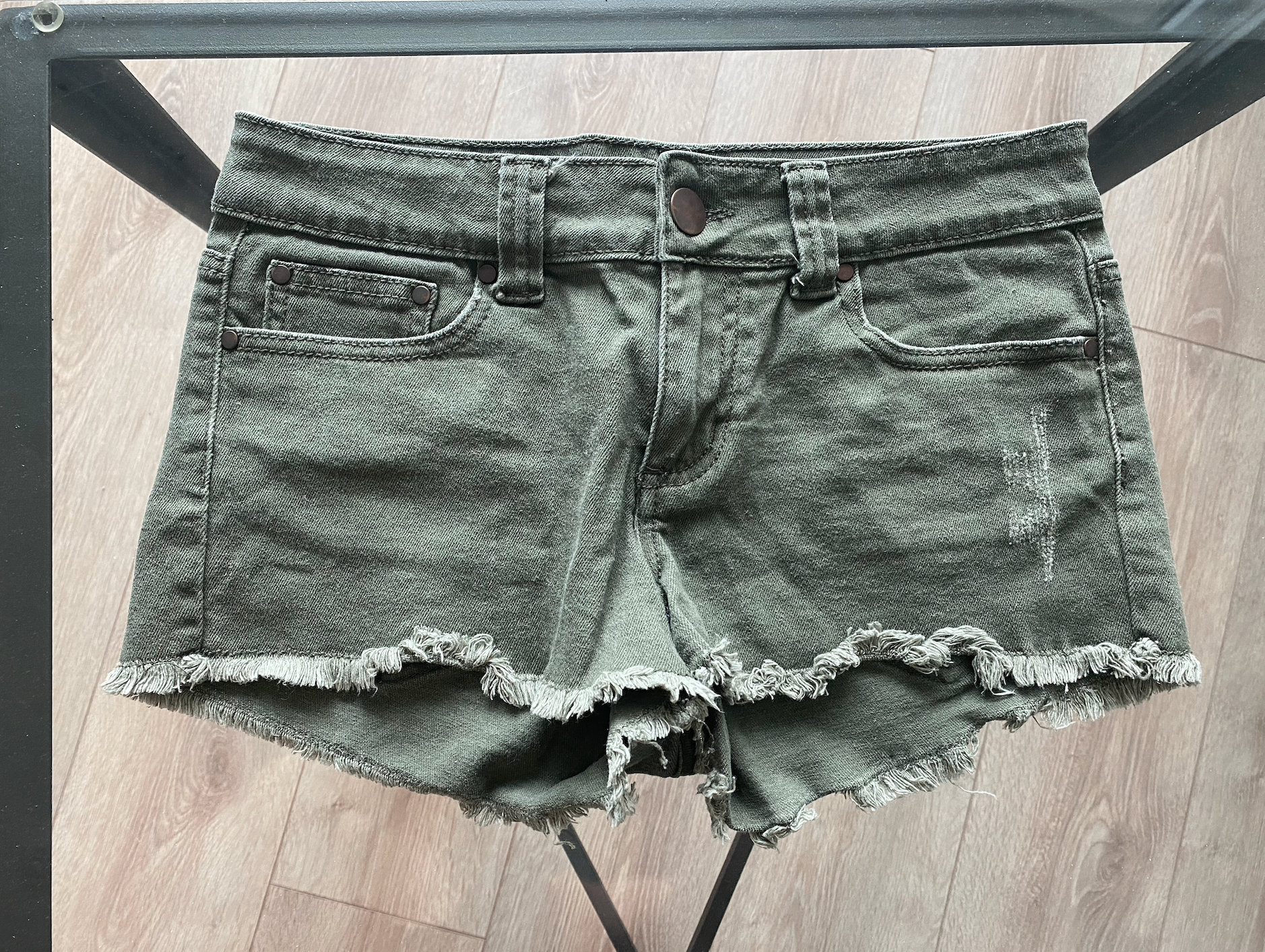Women's Distressed Green Denim Shorts - photo 5