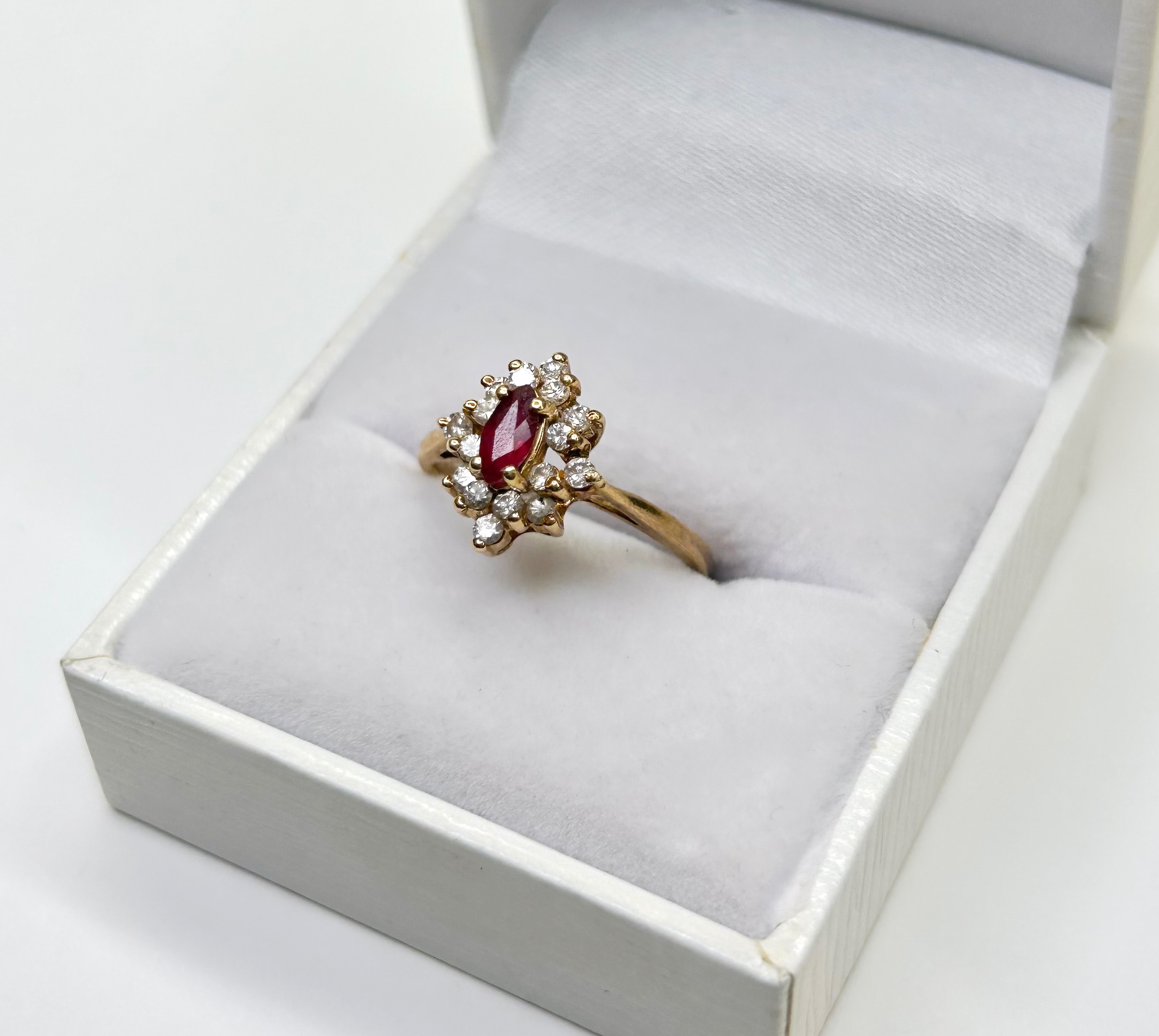 14K Yellow Gold Ring With Diamonds & Red Gemstone