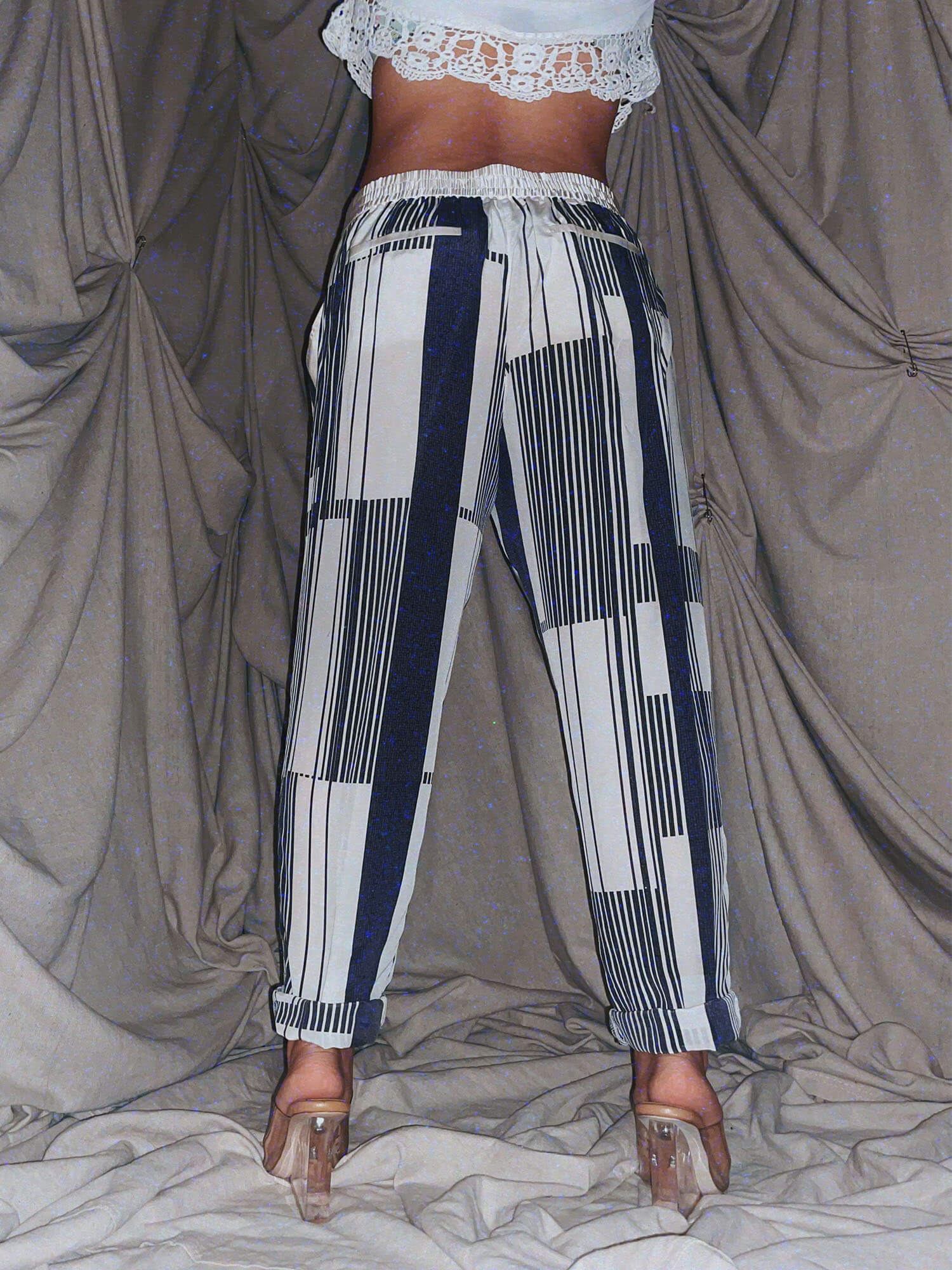 white blue plaid silk joggers ★ light summer pants - photo 2