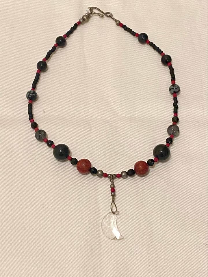 Beaded Necklace with Crystal Moon Charm