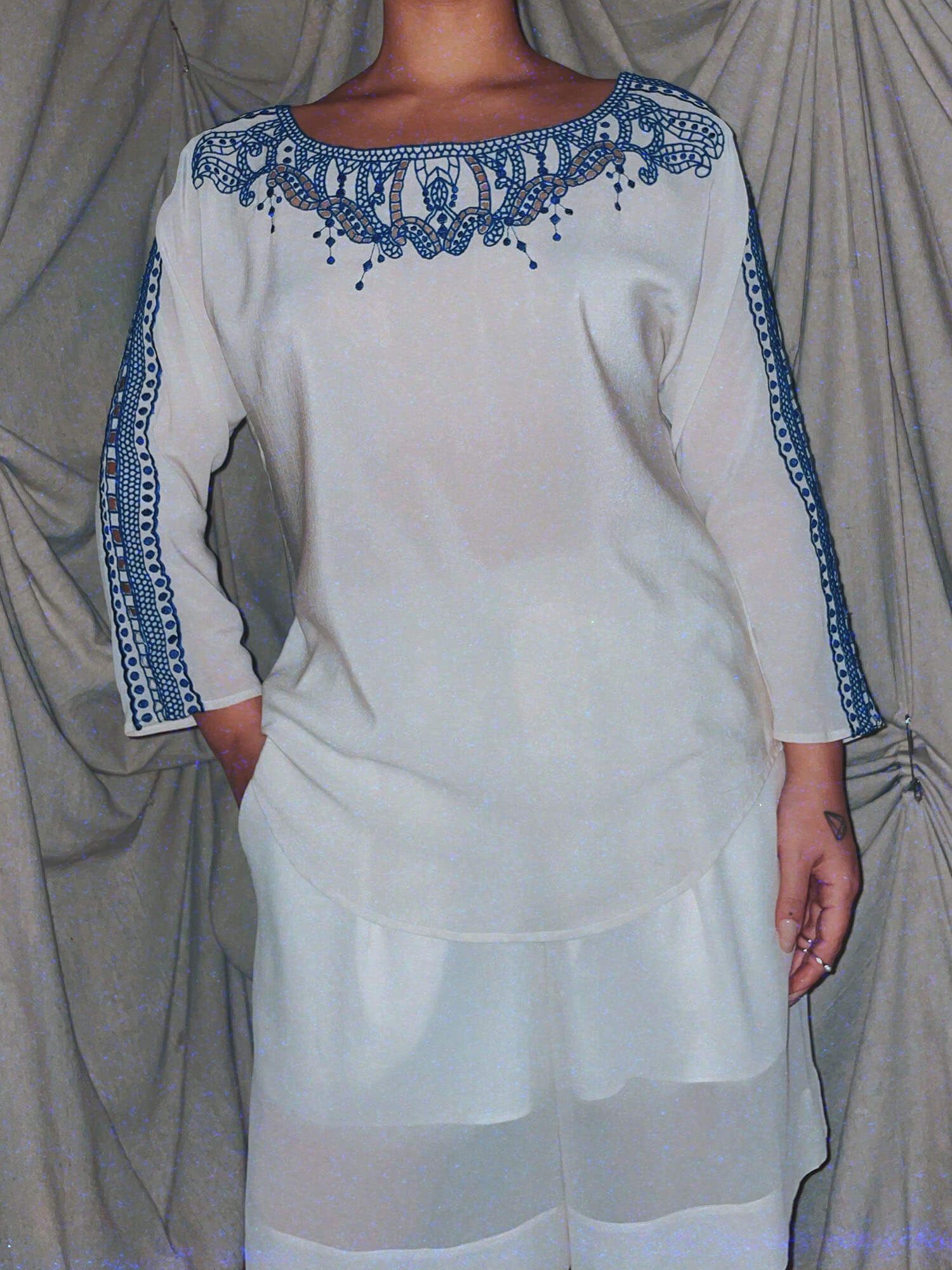 white silk shirt w blue embroidered embellishments - photo 2