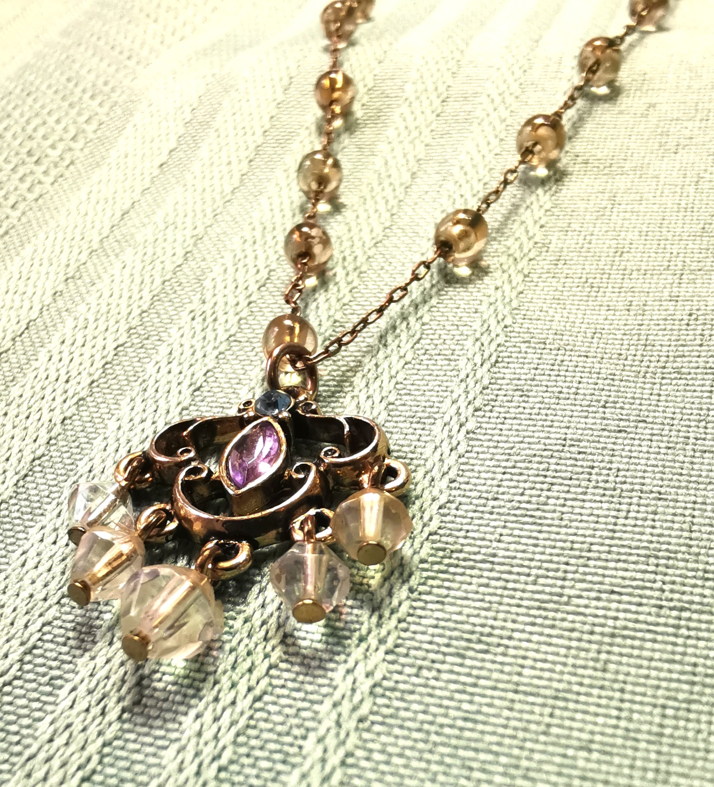 70s Victorian Revival Brass Filigree Necklace Amethyst Glass 18"