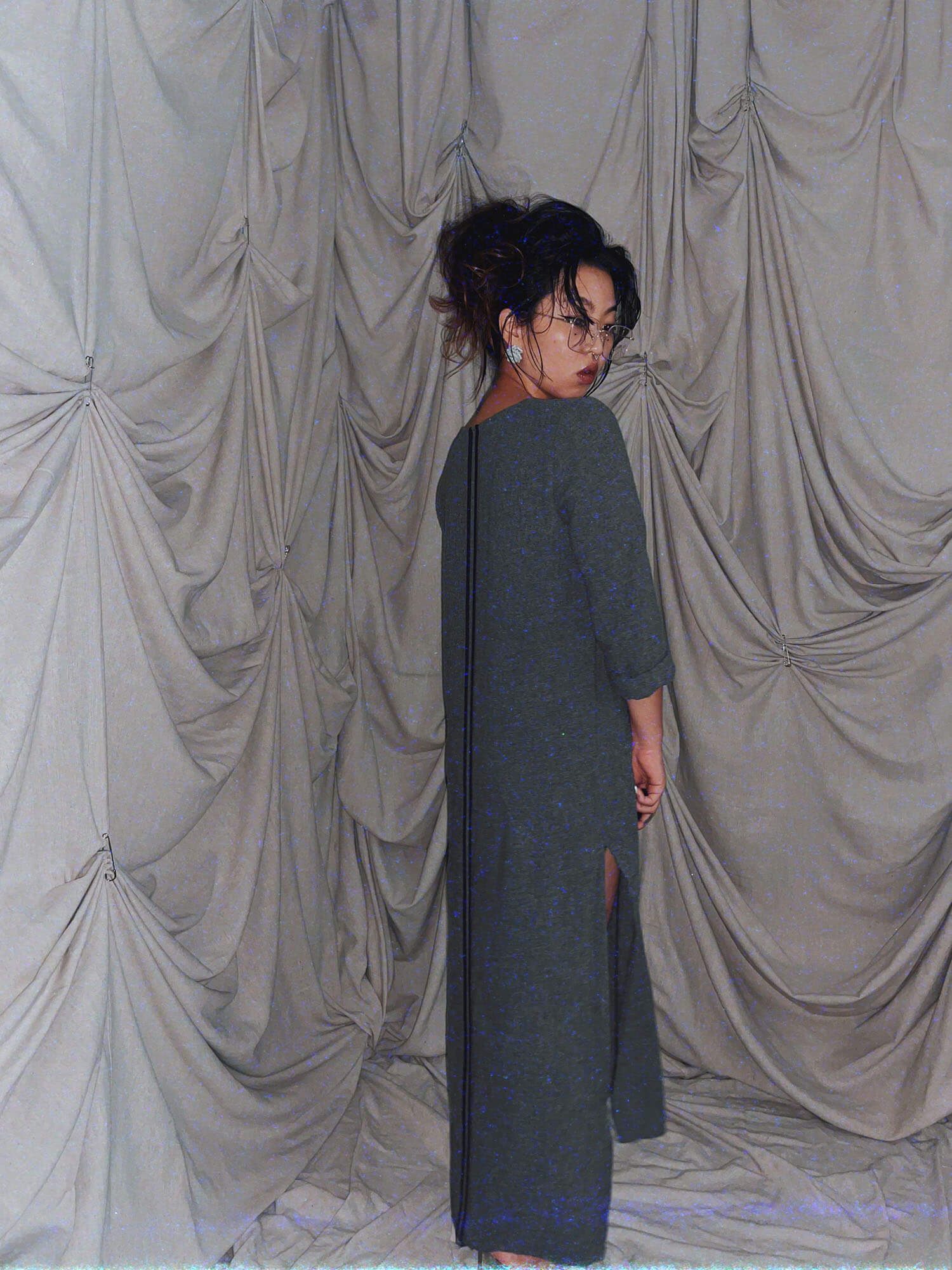 grey wool maxi boxy dress 3/4 sleeve high thigh slits - photo 5
